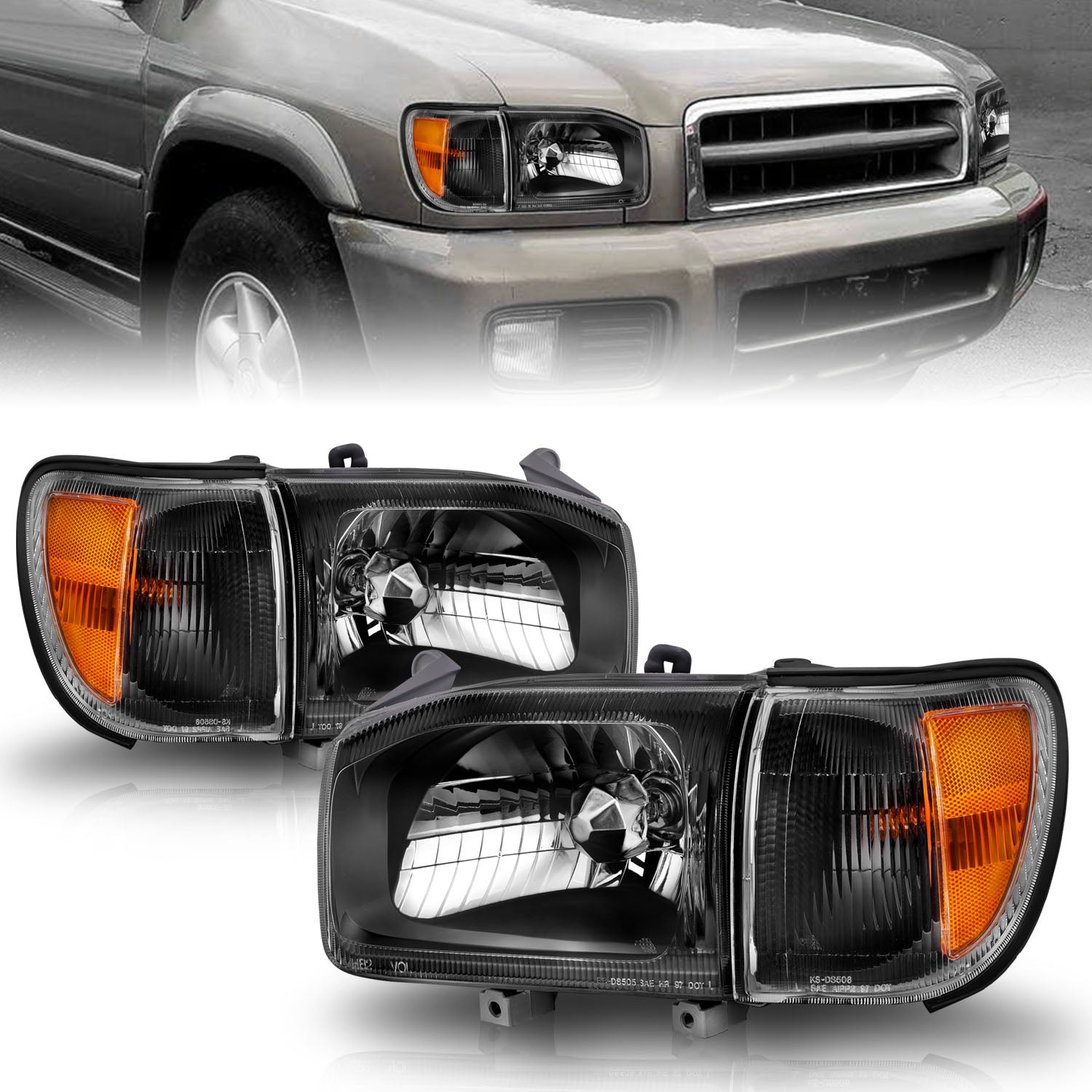 NISSAN PATHFINDER 99-03 HEADLIGHTS BLACK AMBER W/ CORNER LIGHTS