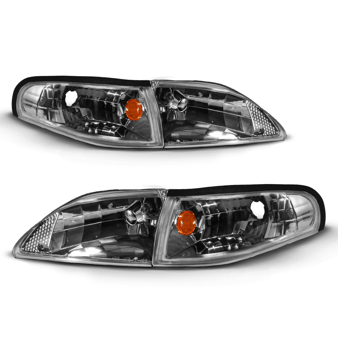 FORD MUSTANG 94-98 CRYSTAL HEADLIGHTS CHROME W/ CORNER AMBER