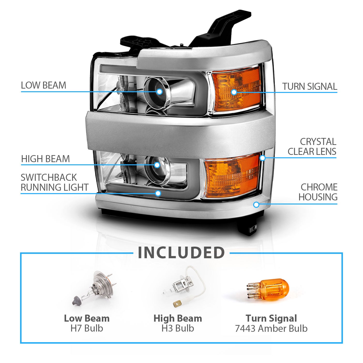 CHEVY SILVERADO 2500HD/3500HD 15-17 PROJECTOR SWITCHBACK HEADLIGHTS CHROME AMBER (CHROME RIM)