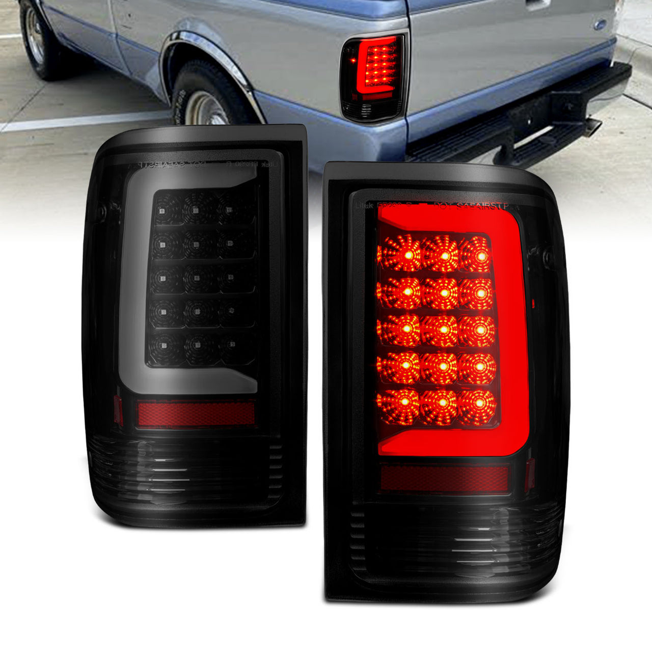 FORD RANGER 93-97 LED TAIL LIGHTS BLACK HOUSING SMOKE LENS (W/ C LIGHT BAR)