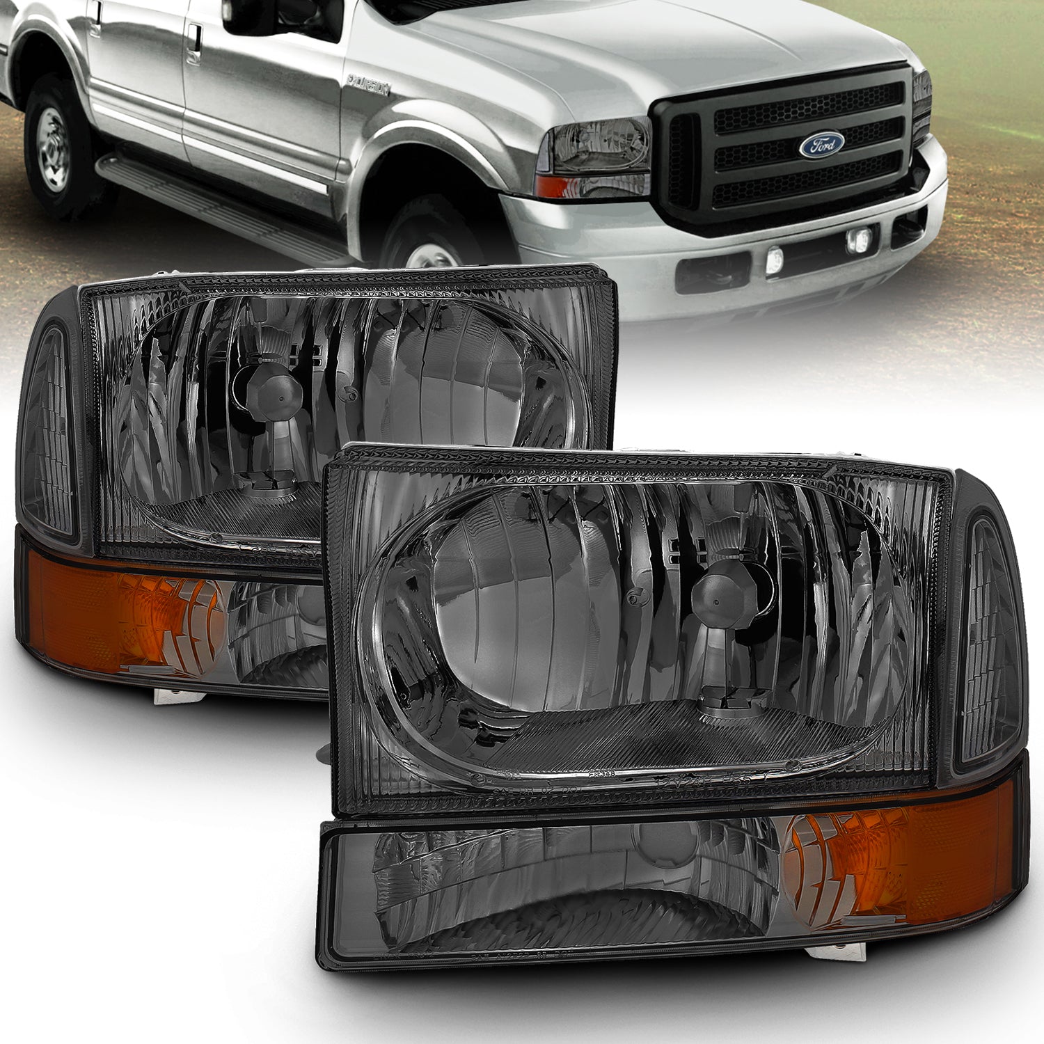 FORD EXCURSION 00-04/SUPER DUTY 99-04 HEADLIGHTS W/ CORNER LGHTS SMOKE AMBER