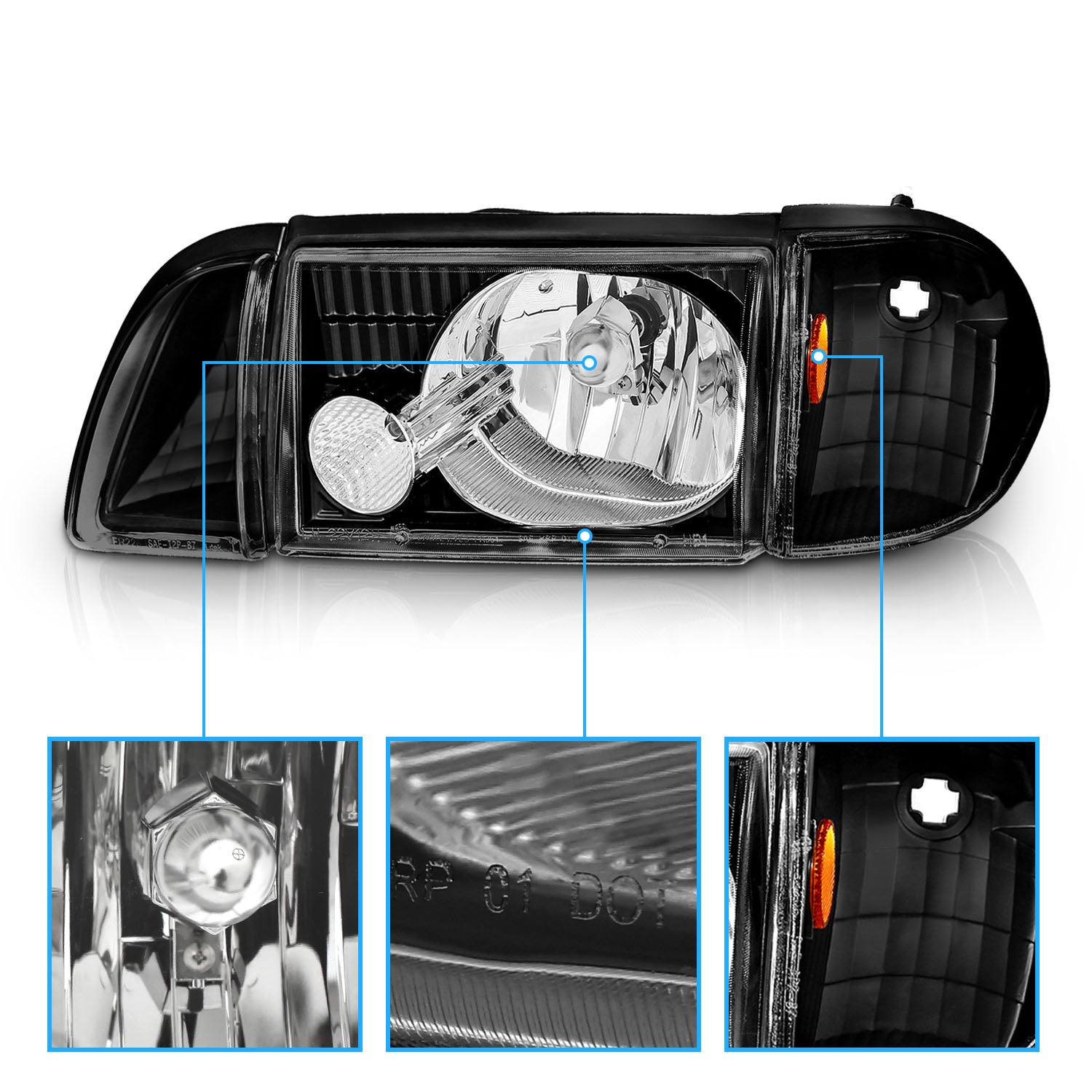 FORD MUSTANG 87-93 CRYSTAL HEADLIGHTS BLACK SET W/ CORNER & PARKING