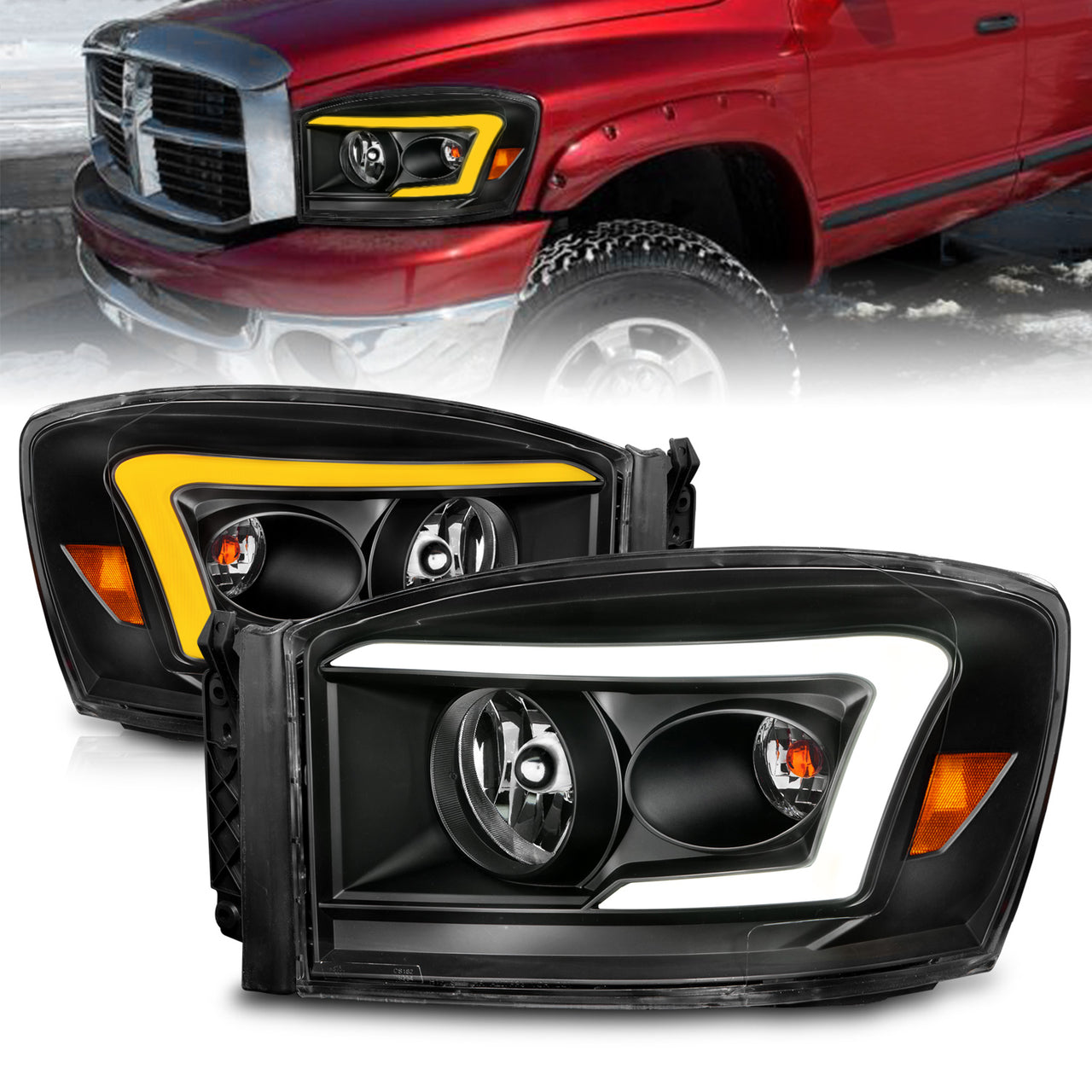 DODGE RAM 1500 06-08/ 2500/3500 06-09   SWITCHBACK HEADLIGHTS BLACK AMBER (W/ C LIGHT BAR)
