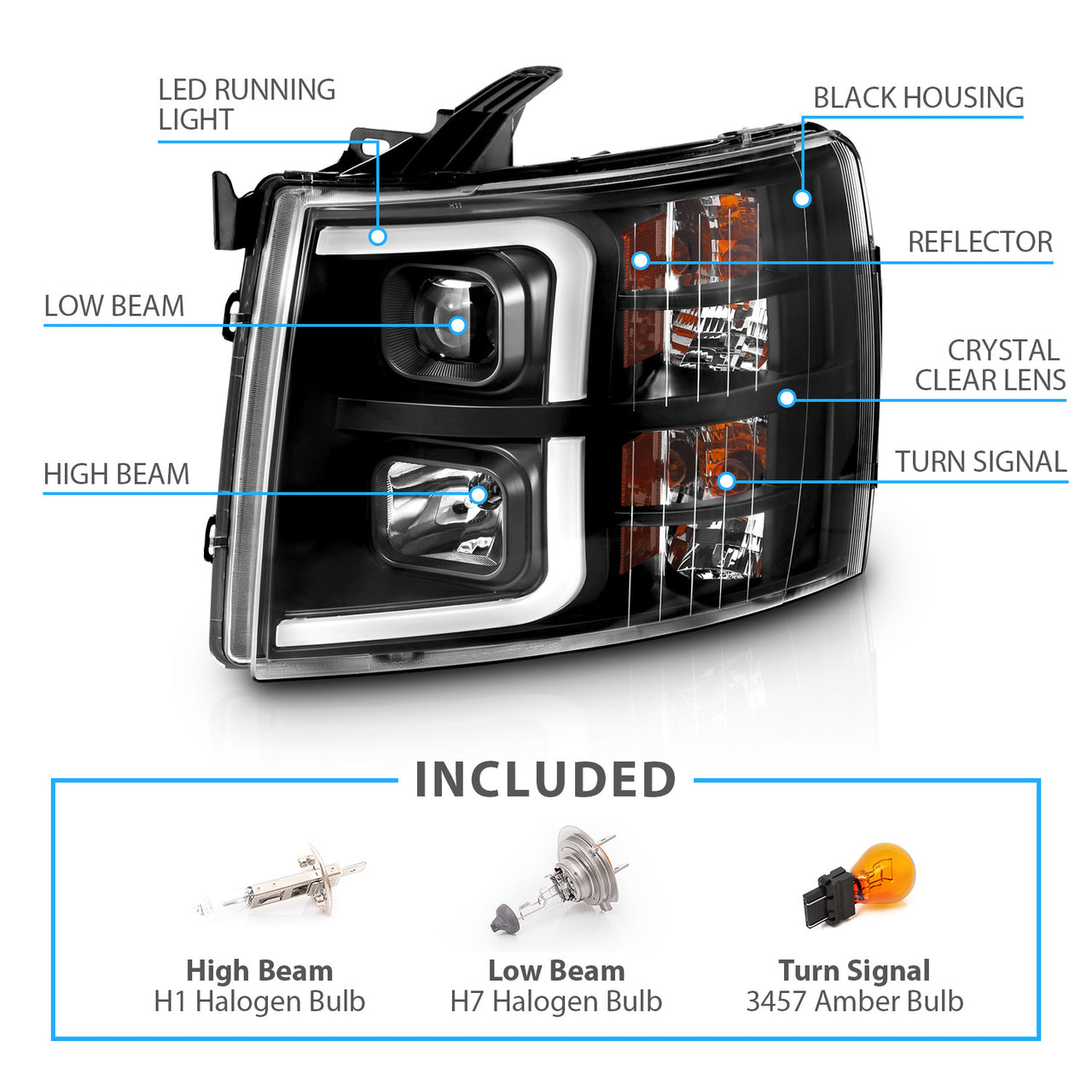CHEVY SILVERADO 1500/2500/3500 07-13/1500 HYBRID 09-13 LIGHT BAR STYLE HEADLIGHTS BLACK AMBER
