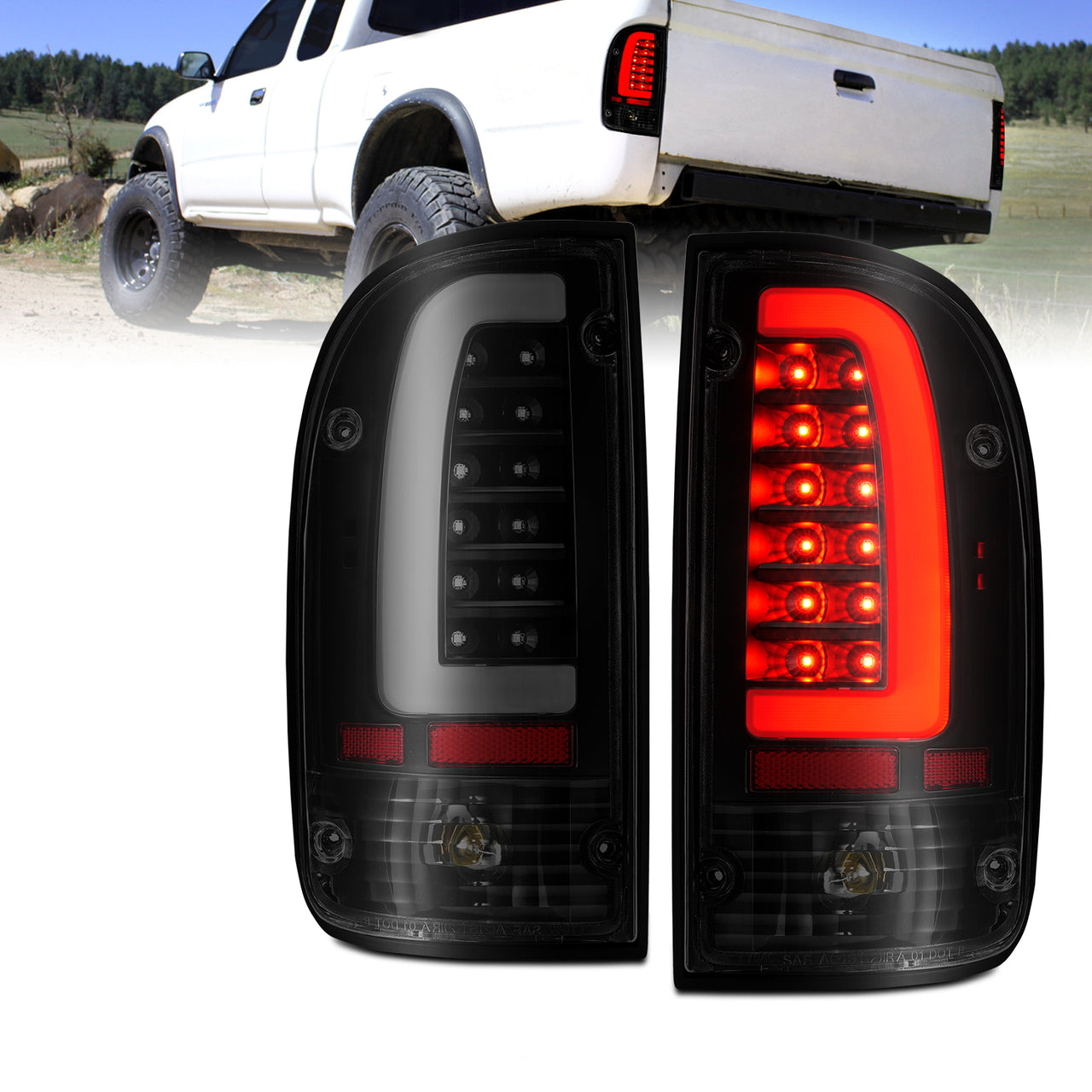 TOYOTA TACOMA 95-00 LED TAIL LIGHTS BLACK HOUSING SMOKE LENS W/ C LIGHT BAR
