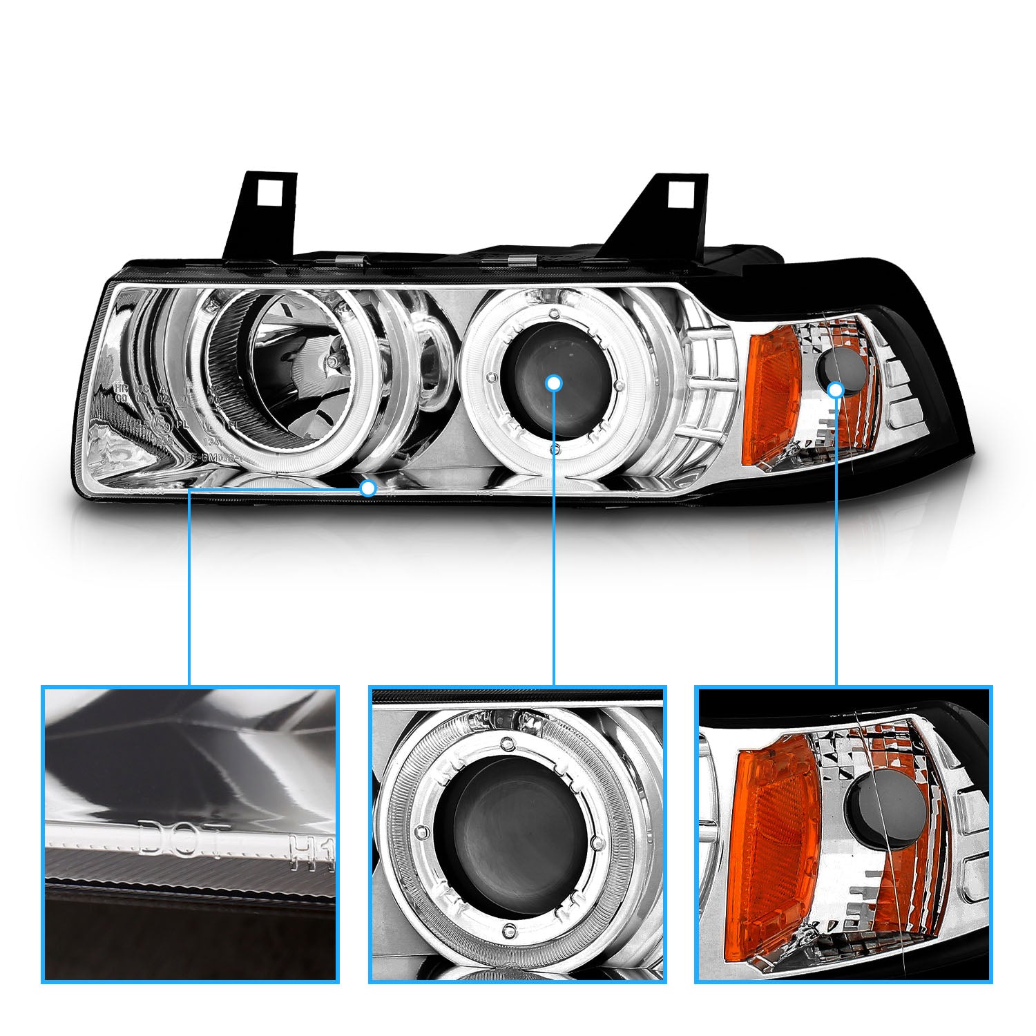 BMW 3 SERIES E36 92-98 4DR 1PC PROJECTOR HEADLIGHTS G2 HALO CHROME CLEAR AMBER