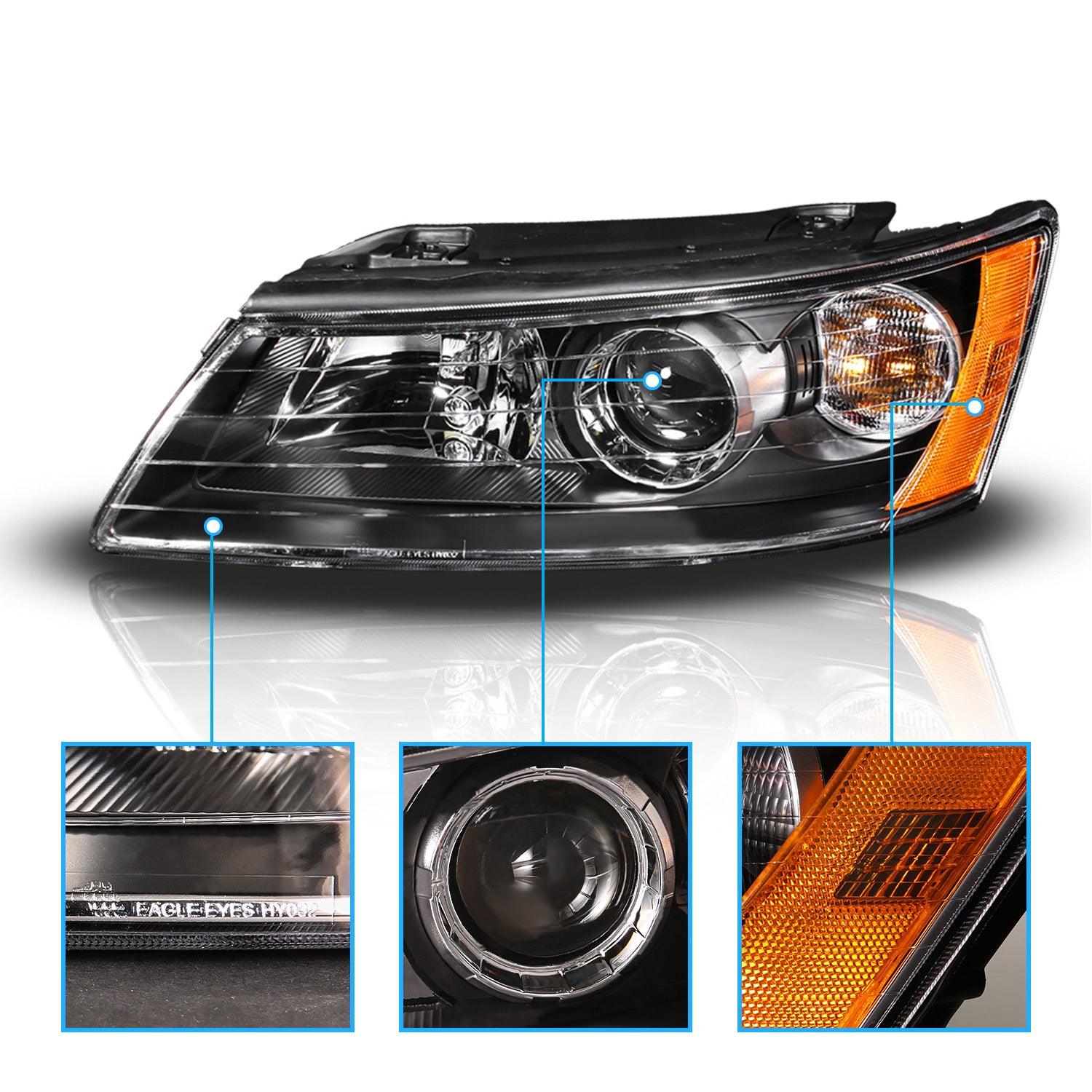 HYUNDAI SONATA 06-08 (2.4/3.3L ENG) HEADLIGHTS BLACK AMBER