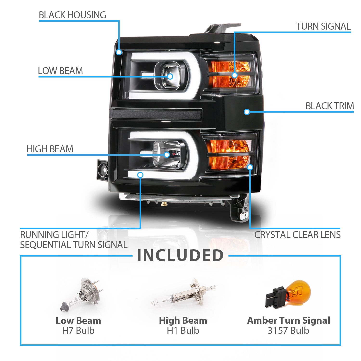 CHEVY SILVERADO 14-15 PROJECTOR HEADLIGHTS BLACK HOUSING CLEAR LENS SEQUENTIAL LIGHT BAR