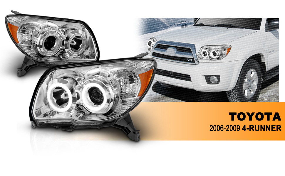 TOYOTA 4 RUNNER 06-09 PROJECTOR HEADLIGHTS CHROME CLEAR (RX HALO) AMBER