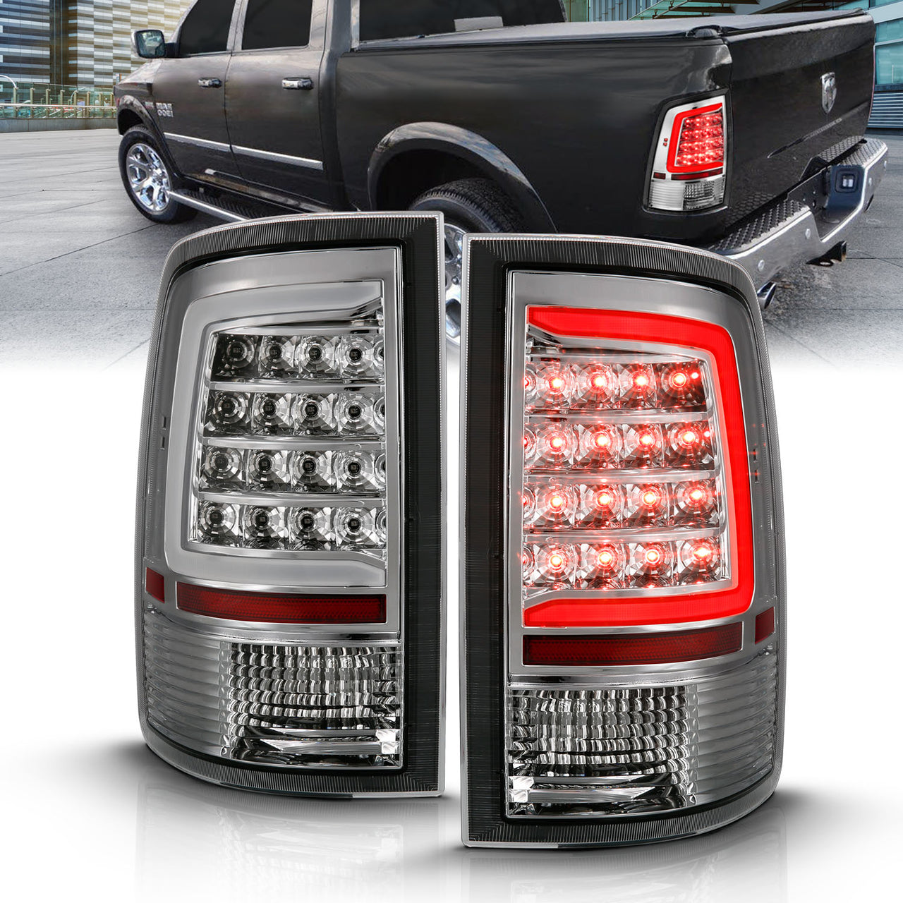 DODGE RAM 1500 09-18/ 2500 3500 10-18 LED TAIL LIGHTS CHROME HOUSING CLEAR LENS W/ C LIGHT BAR (NOT COMPATIBLE W/ ORIGINAL LED VERSION)