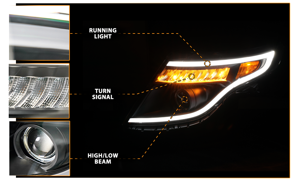 FORD EXPLORER 11-15 (13-15 BASE, XLT, LIMITED) PROJECTOR LIGHT BAR STYLE HEADLIGHTS BLACK AMBER