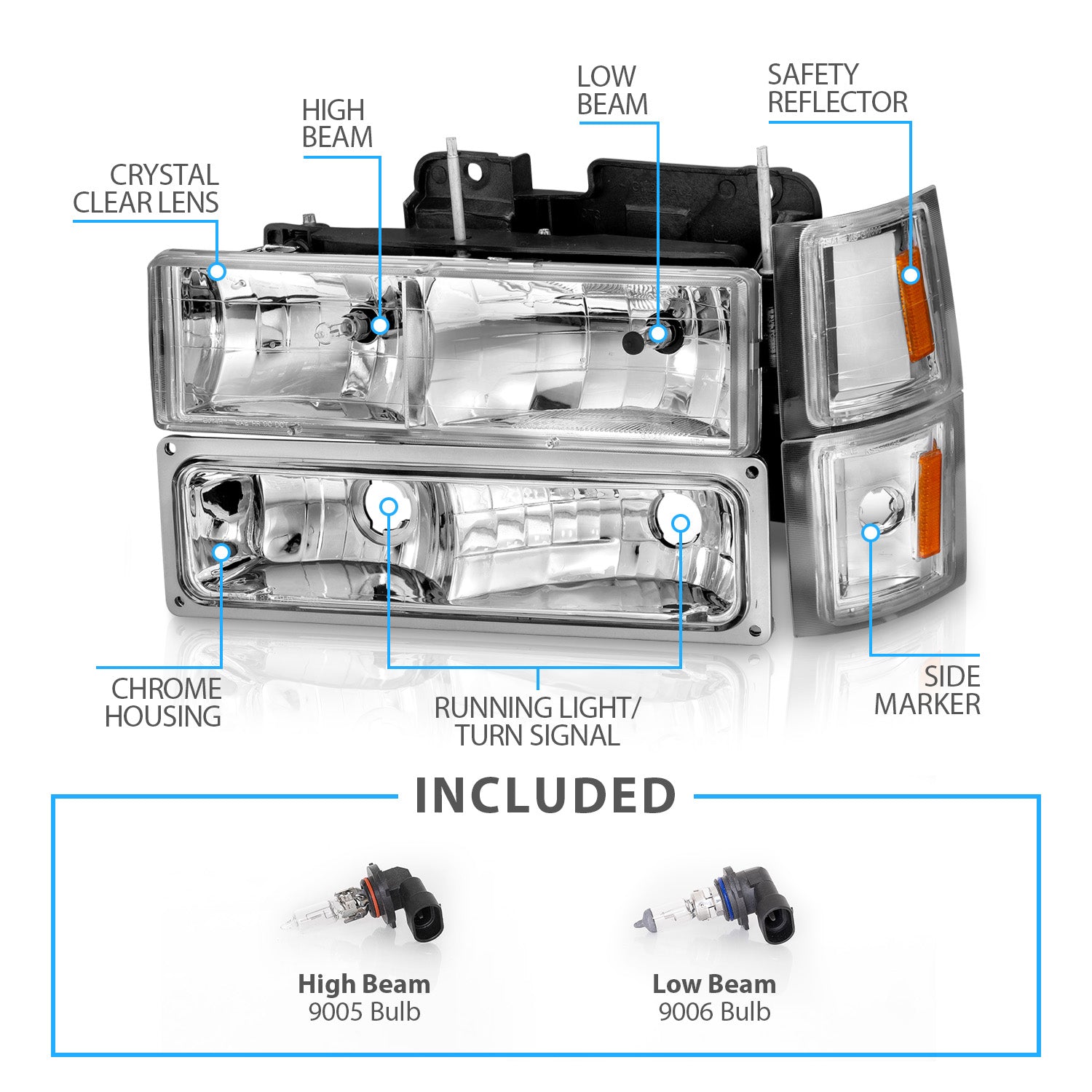 CHEVY CK / C10 /SILVERADO/ TAHOE / SUBURBAN/BLAZER 94-98 CRYSTAL HEADLIGHTS CHROME W/ SIGNAL & SIDE MARKERS AMBER (8PCS)