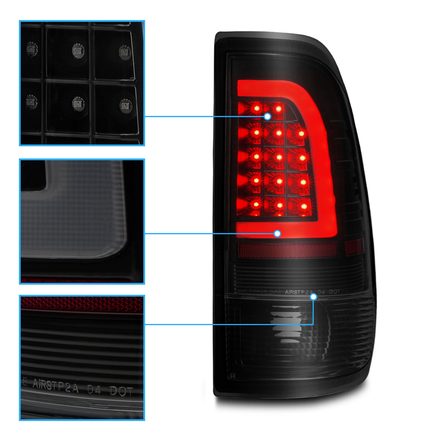FORD F-150/F250 97-04 STYLESIDE/SUPER DUTY 99-07 LED TAIL LIGHTS BLACK HOUSING SMOKE LENS W/ C LIGHT BAR