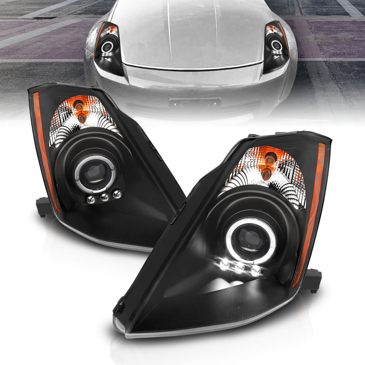 NISSAN 350Z 03-07 PROJECTOR HEADLIGHTS HALO BLACK CLEAR AMBER