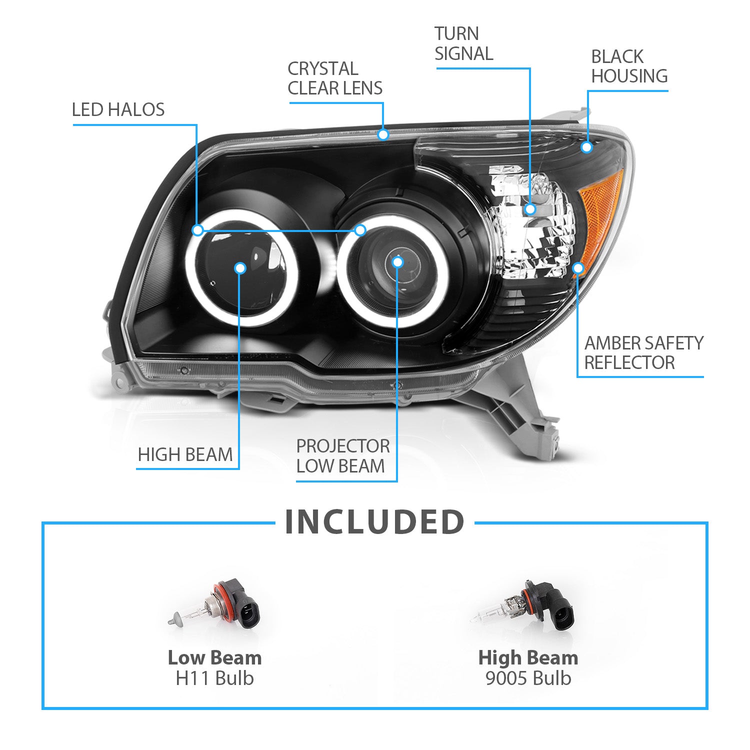 TOYOTA 4 RUNNER 06-09 PROJECTOR HEADLIGHTS BLACK CLEAR (RX HALO) AMBER
