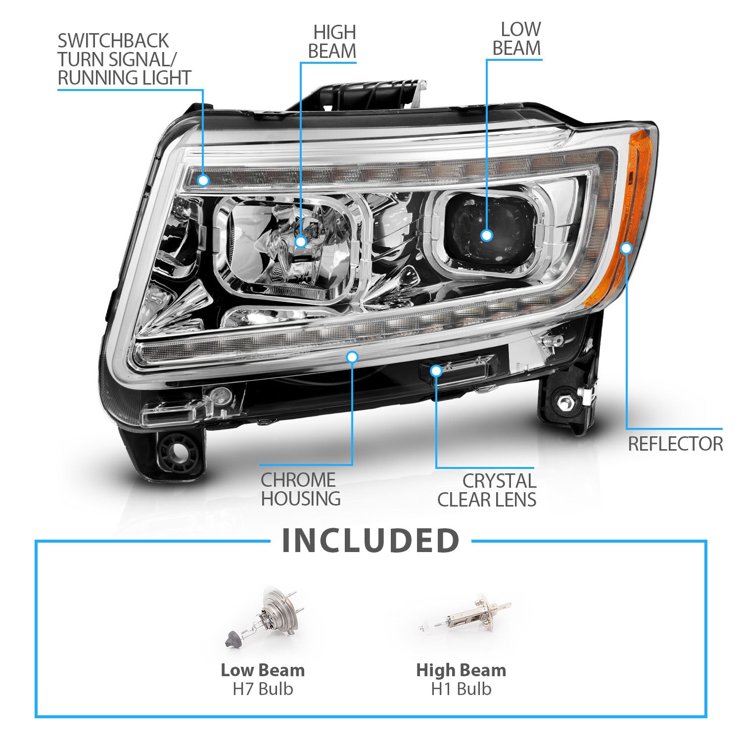 JEEP GRAND CHEROKEE 11-13 PROJECTOR SWITCHBACK HEADLIGHTS CHROME AMBER (W/ C LIGHT BAR)