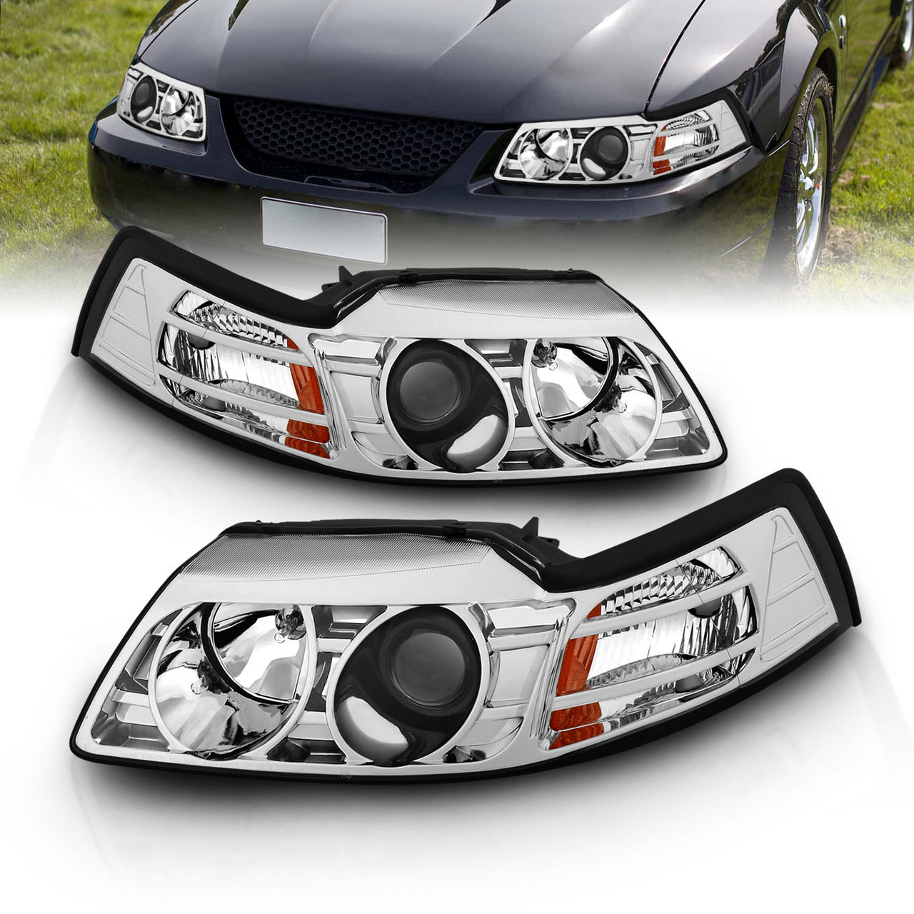 FORD MUSTANG 99-04 PROJECTOR HEADLIGHTS CHROME CLEAR AMBER