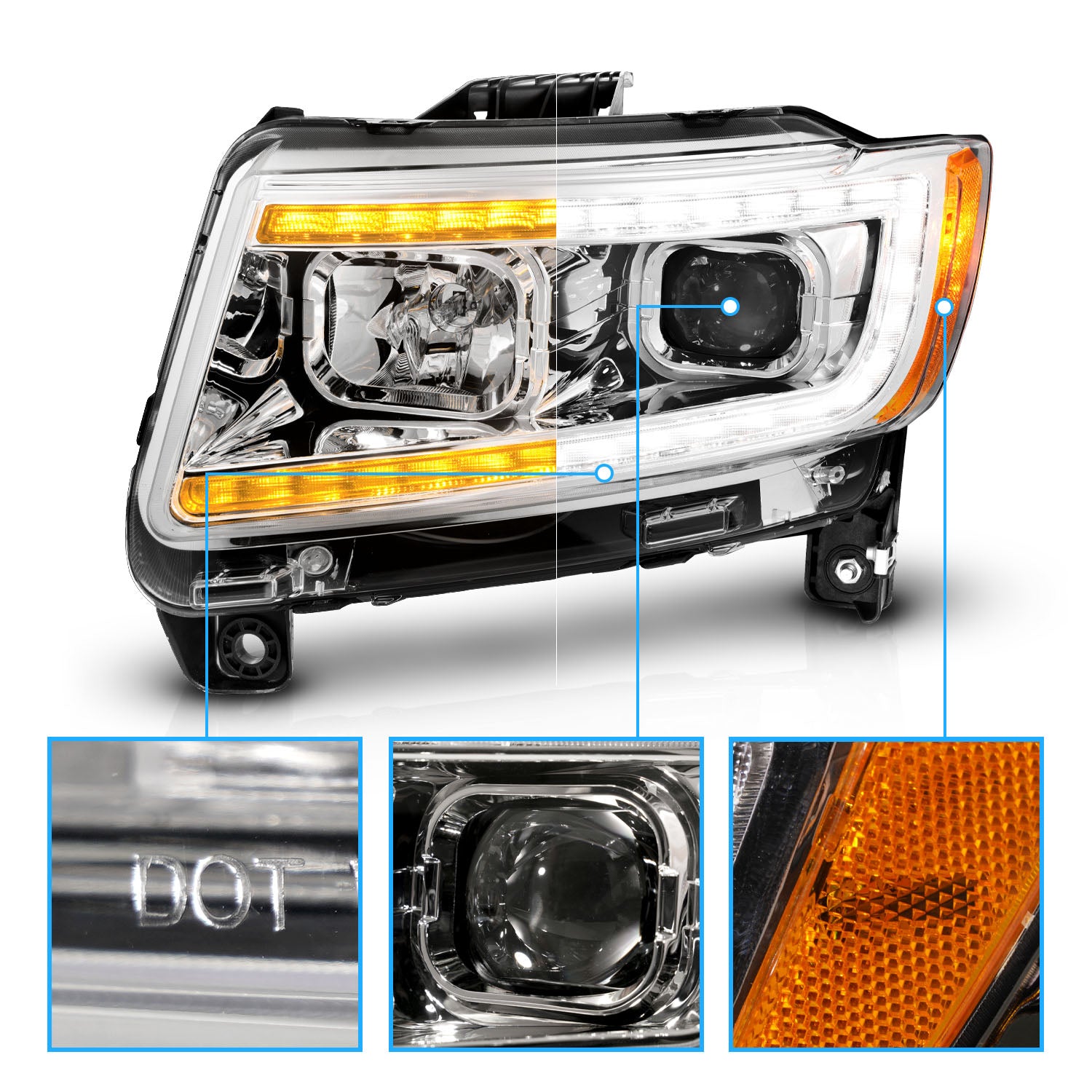 JEEP GRAND CHEROKEE 11-13 PROJECTOR SWITCHBACK HEADLIGHTS CHROME AMBER (W/ C LIGHT BAR)