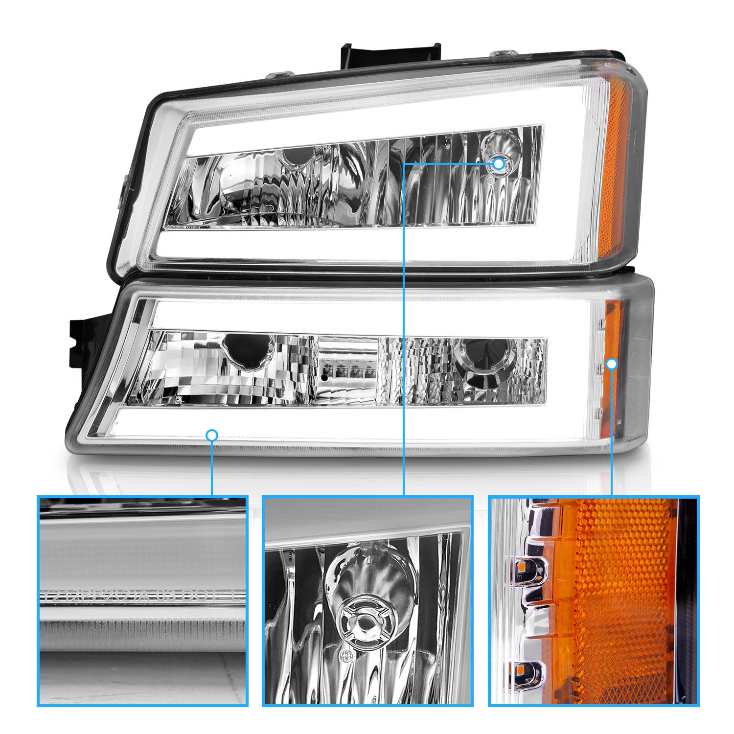 CHEVY SILVERADO 03-07/ AVALANCHE 02-06 HEADLIGHTS W/ SIGNAL LIGHT CHROME HOUSING AMBER (4 PCS) (W/ C LIGHT BAR) W/O BODY CLADDING
