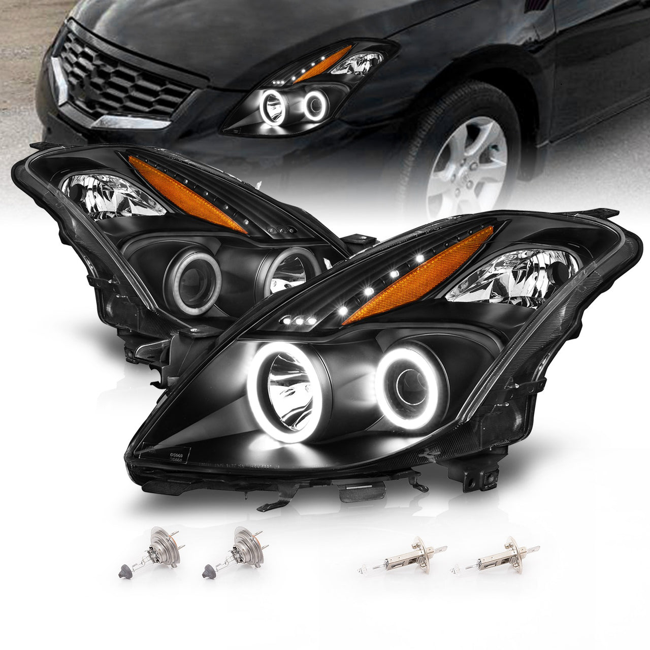 NISSAN ALTIMA 08-09 PROJECTOR 2D HEADLIGHTS BLACK CLEAR AMBER (RX HALO)