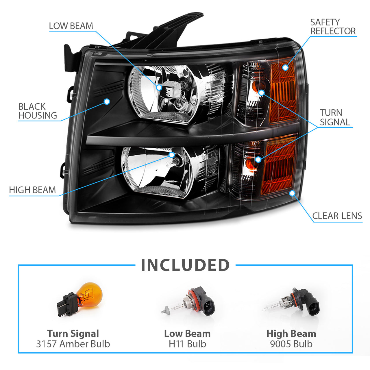 CHEVY SILVERADO 07-13 HEADLIGHTS BLACK AMBER