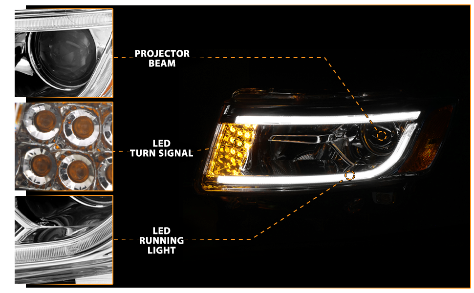 JEEP GRAND CHEROKEE 14 PROJECTOR LIGHT BAR STYLE HEADLIGHTS CHROME CLEAR