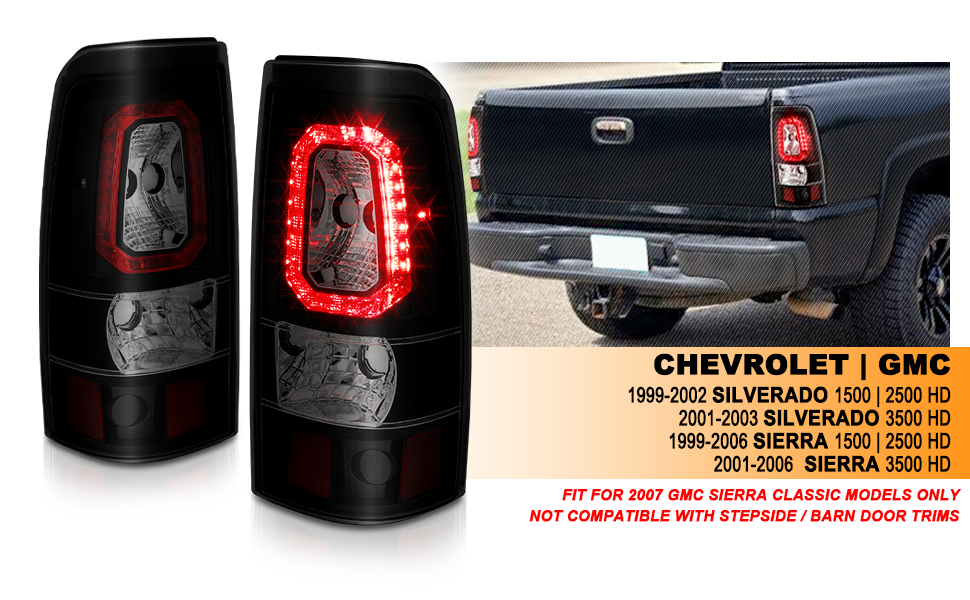 GMC SIERRA 99-07/CHEVY SILVERADO 99-03 (1500/2500 SERIES 99-02 & 3500 SERIES 2003) LED TAIL LIGHTS RED COLOR LIGHT BAR BLACK HOUSING SMOKE LENS (3 HOLE)