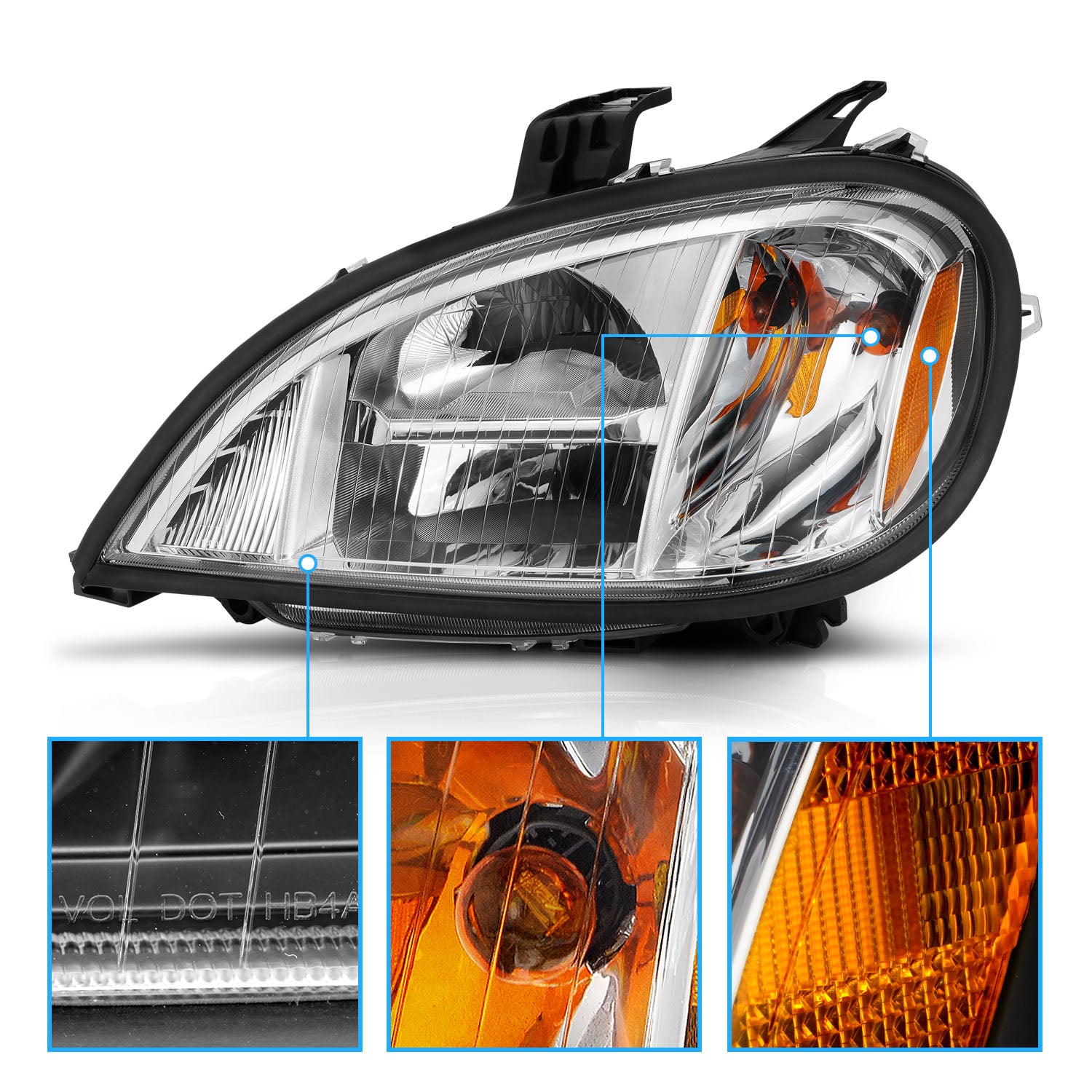 FREIGHTLINER COLUMBIA 96-13 H.L LED HIGH/LOW BEAM CHROME HOUSING AMBER REFLECTOR