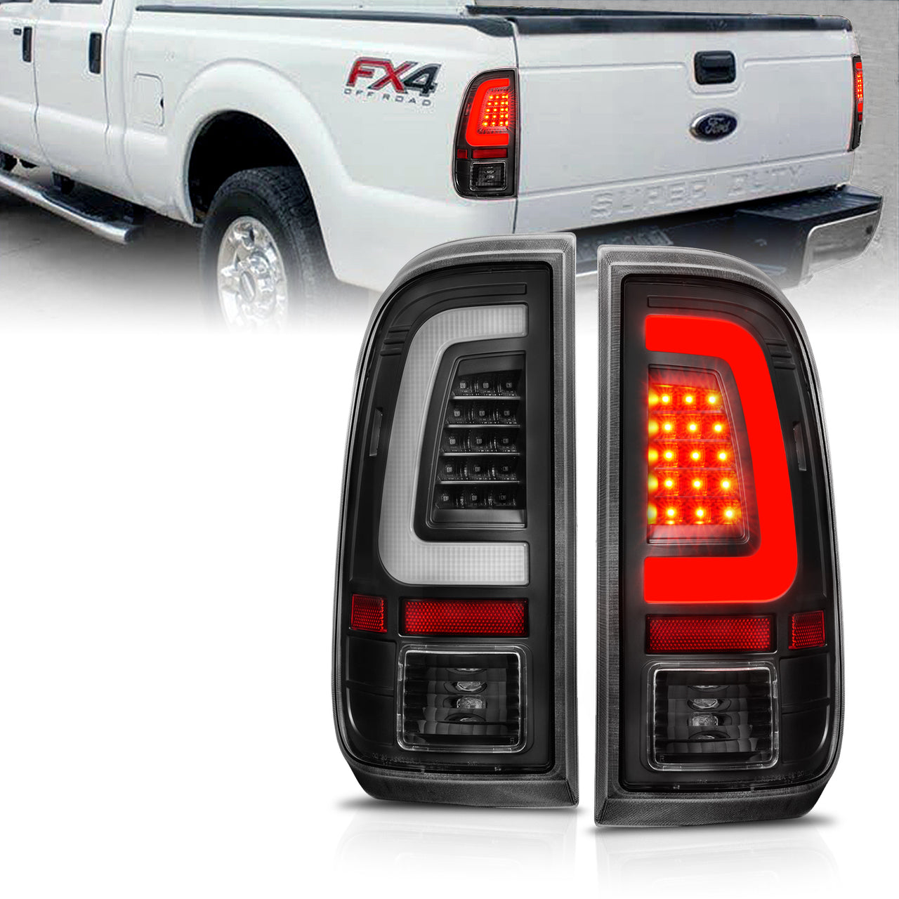 FORD F-250/SUPER DUTY 08-16 LED TAIL LIGHTS BLACK HOUSING CLEAR LENS W/ C LIGHTS BAR