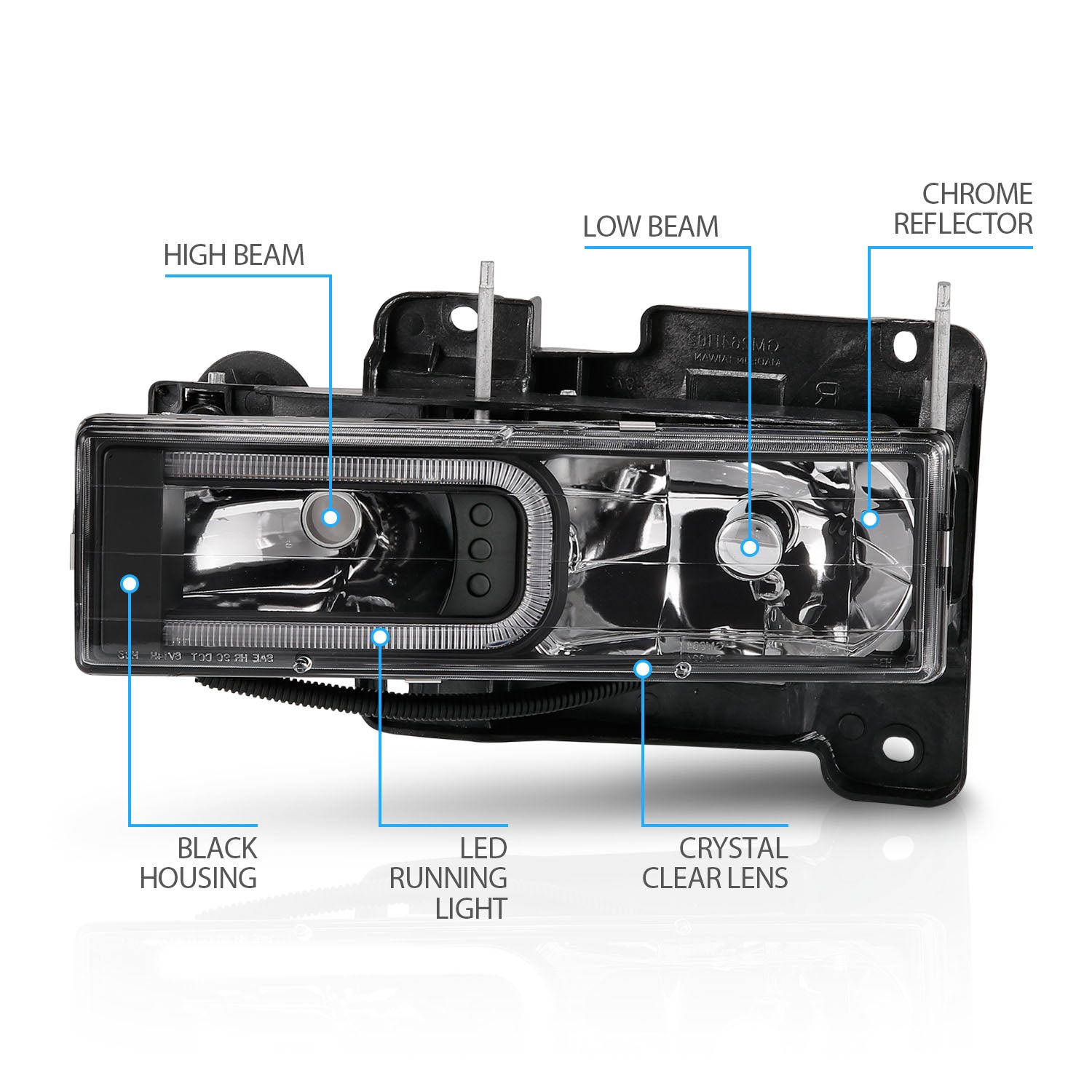 CHEVY/GMC C/K 1500/2500/3500 88-99, SUBURBAN/YUKON 92-00, TAHOE 94-00, BLAZER 92-94 HEADLIGHTS BLACK HOUSING W/ C LIGHTS BAR