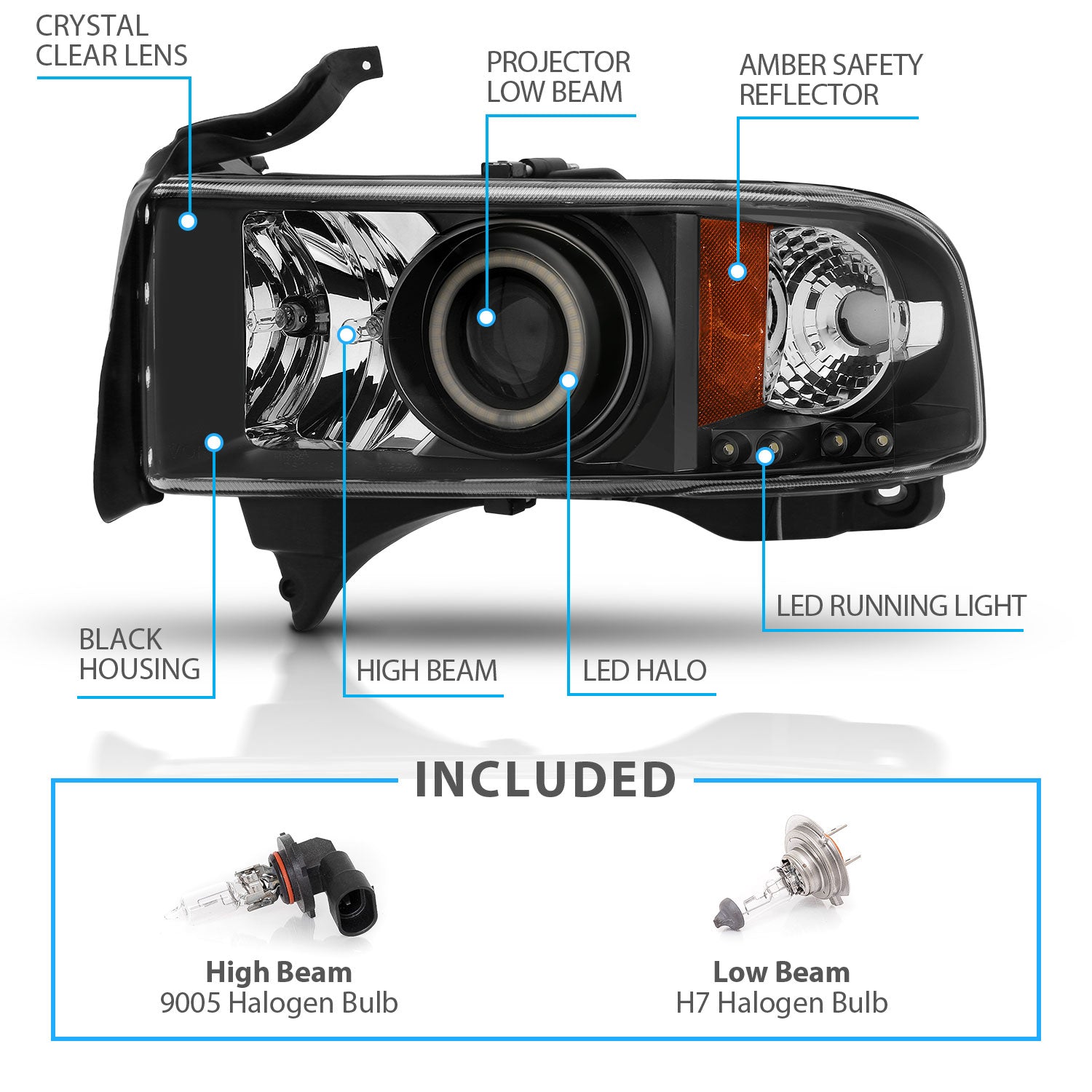 DODGE RAM 94-01 PROJECTOR HEADLIGHTS HALO BLACK CLEAR AMBER (RX HALO)