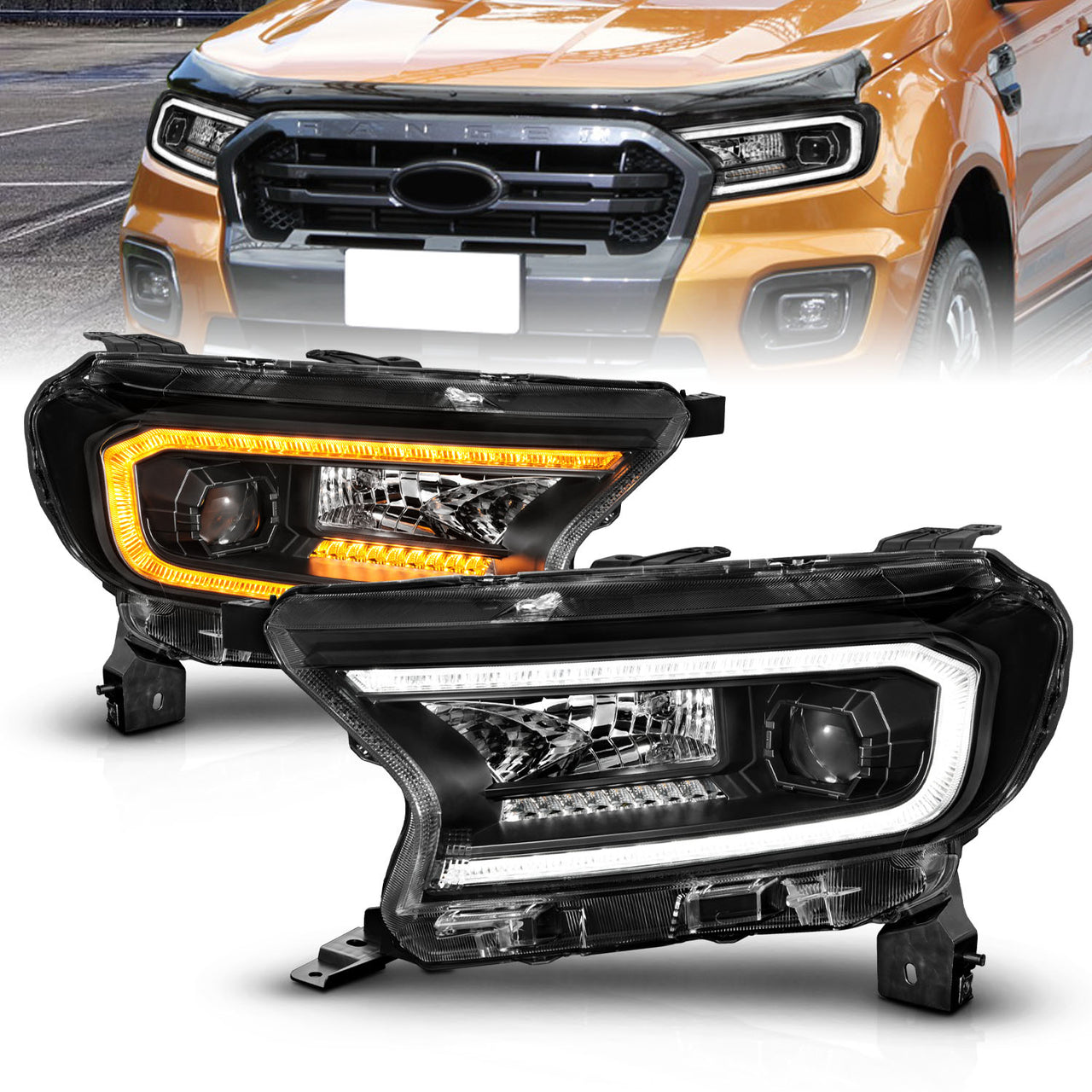 FORD RANGER 19-23 PROJECTOR HEADLIGHTS BLACK HOUSING CLEAR LENS SEQUENTIAL LIGHT BAR W/DRL