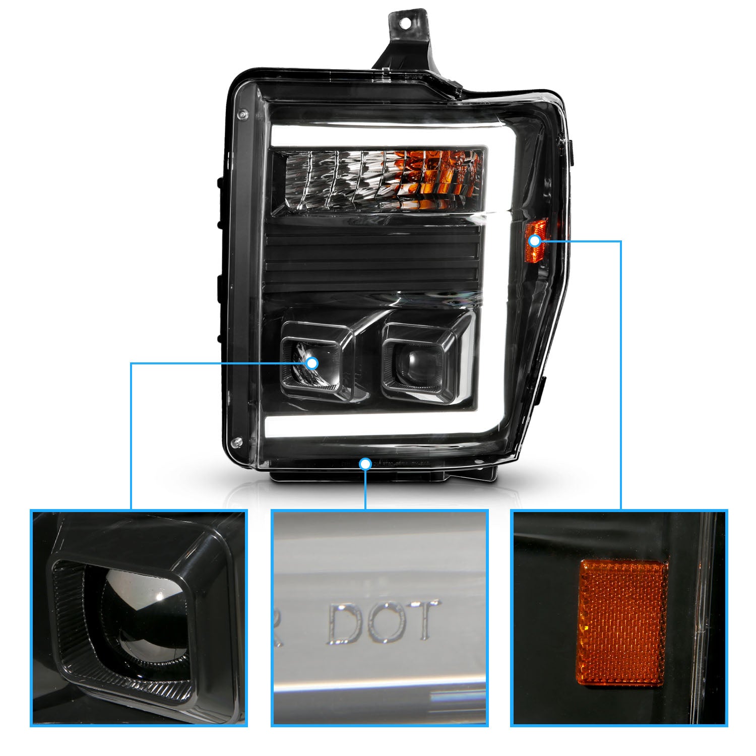 FORD SUPER DUTY 08-10 PROJECTOR HEADLIGHT  BLACK HOUSING CLEAR LENS W/ LIGHT BAR