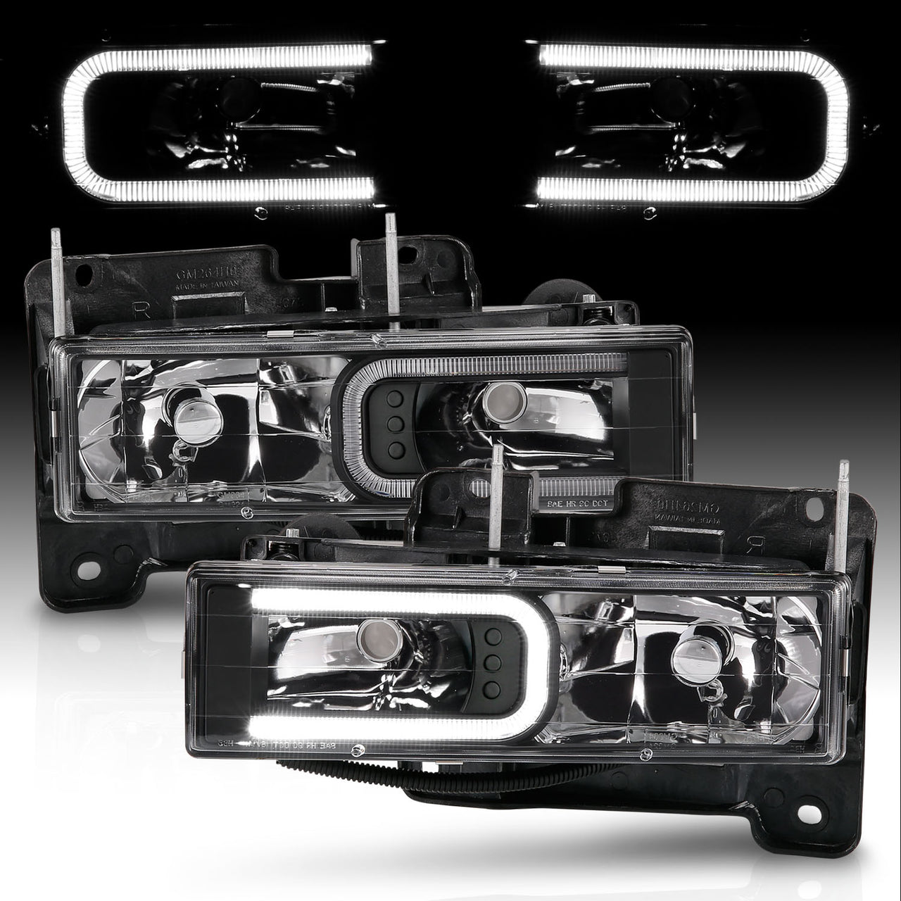 CHEVY/GMC C/K 1500/2500/3500 88-99, SUBURBAN/YUKON 92-00, TAHOE 94-00, BLAZER 92-94 HEADLIGHTS BLACK HOUSING W/ C LIGHTS BAR