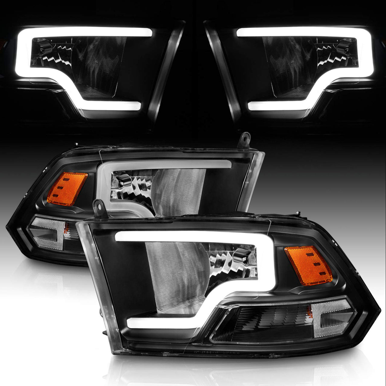 DODGE RAM 09-20 LIGHT BAR STYLE HEADLIGHTS BLACK HOUSING G2 AMBER  (HALOGEN TYPE)