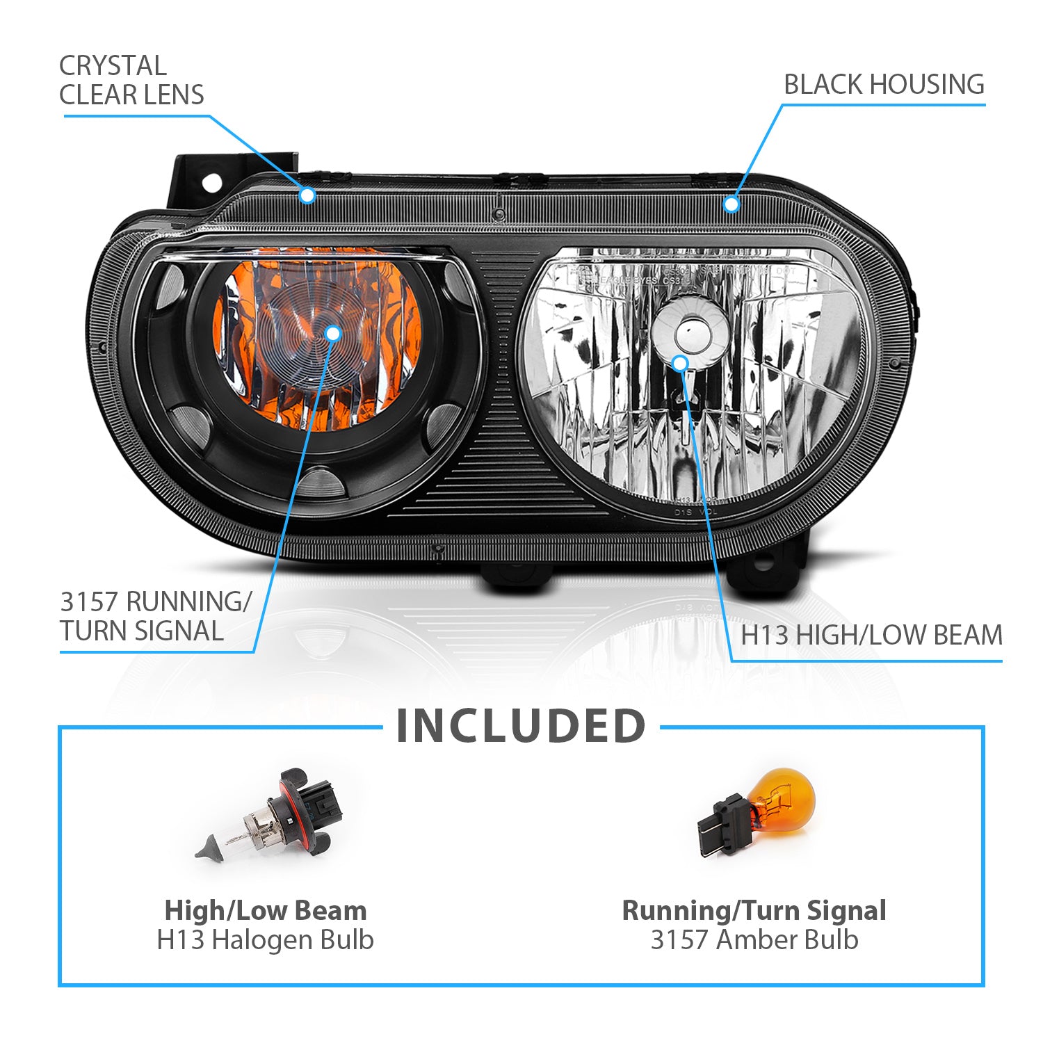 DODGE CHALLENGER 08-14 HEADLIGHTS BLACK AMBER