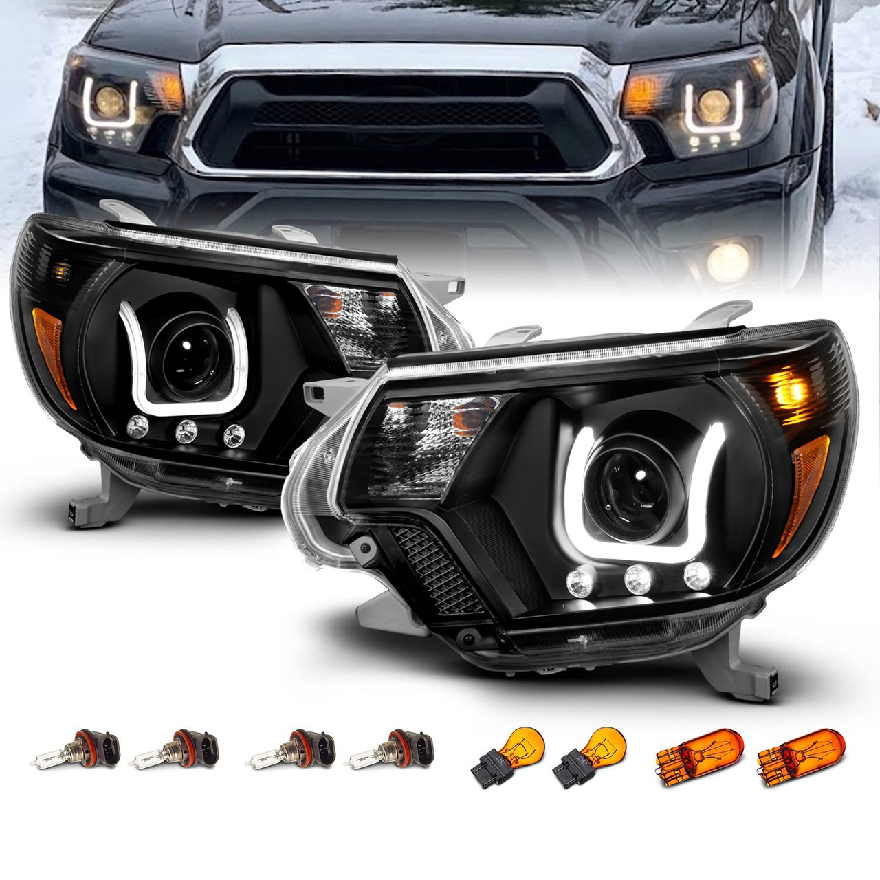 TOYOTA TACOMA 2012 PROJECTOR U-BAR STYLE HEADLIGHTS BLACK CLEAR AMBER