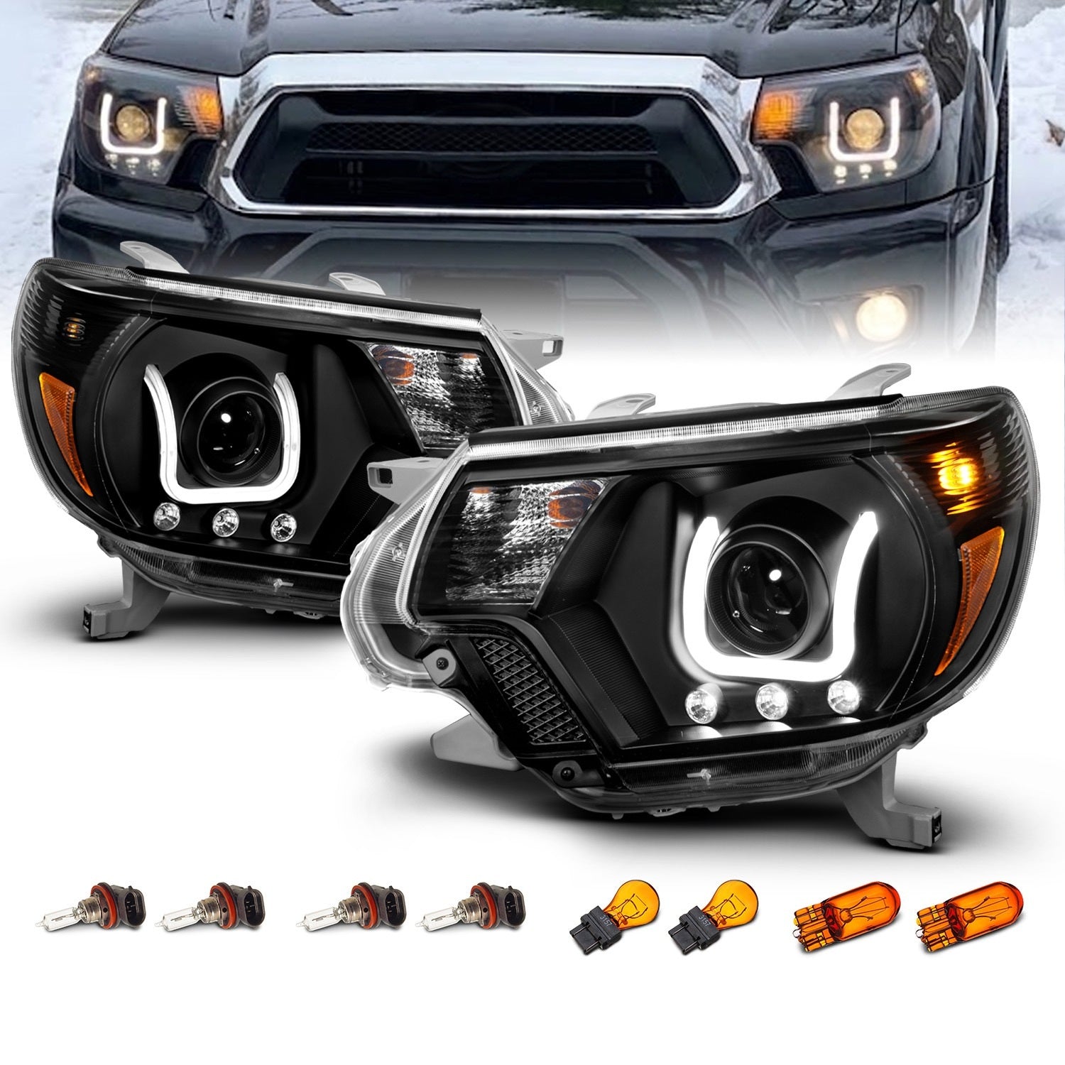 TOYOTA TACOMA 2012 PROJECTOR U-BAR STYLE HEADLIGHTS BLACK CLEAR AMBER