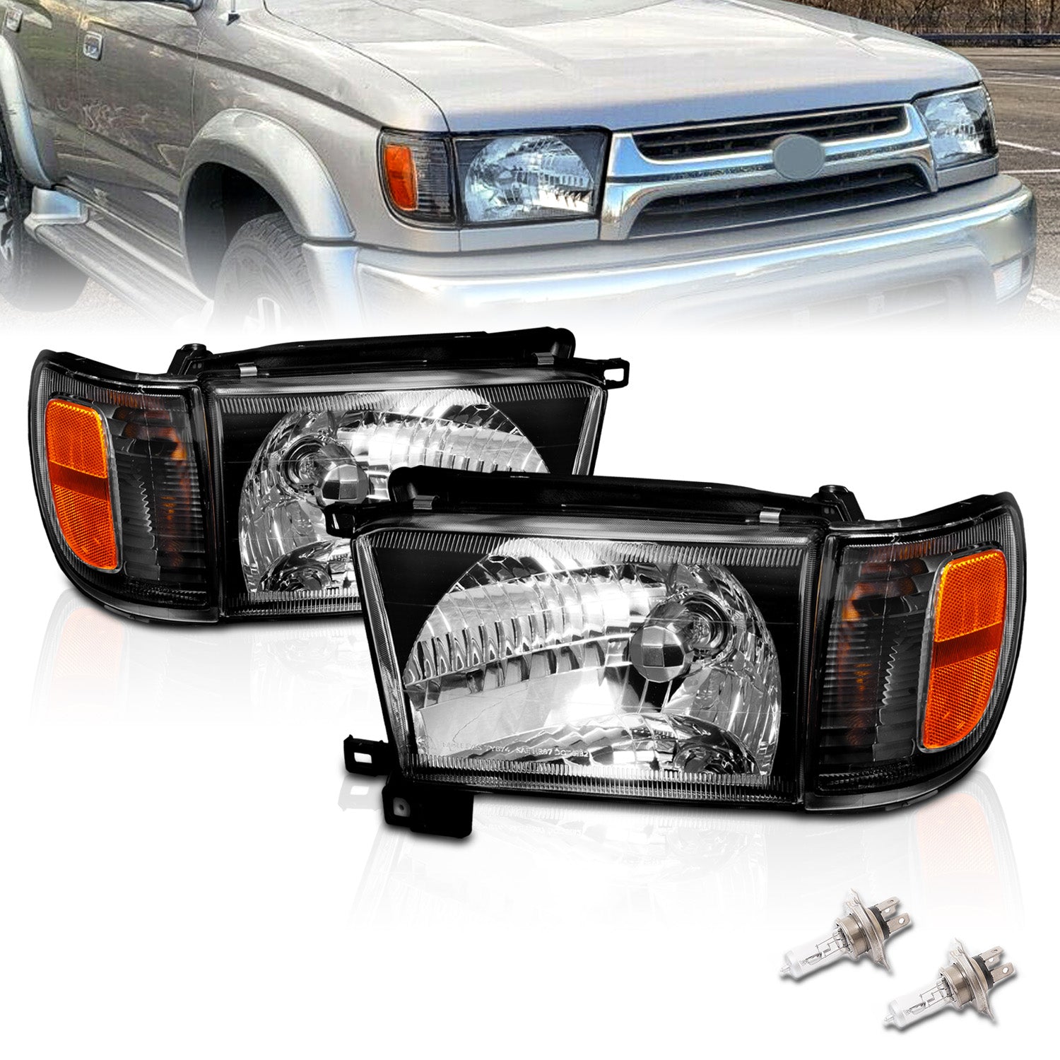 TOYOTA 4 RUNNER 99-02 HEADLIGHTS W/ CORNER LIGHTS BLACK AMBER