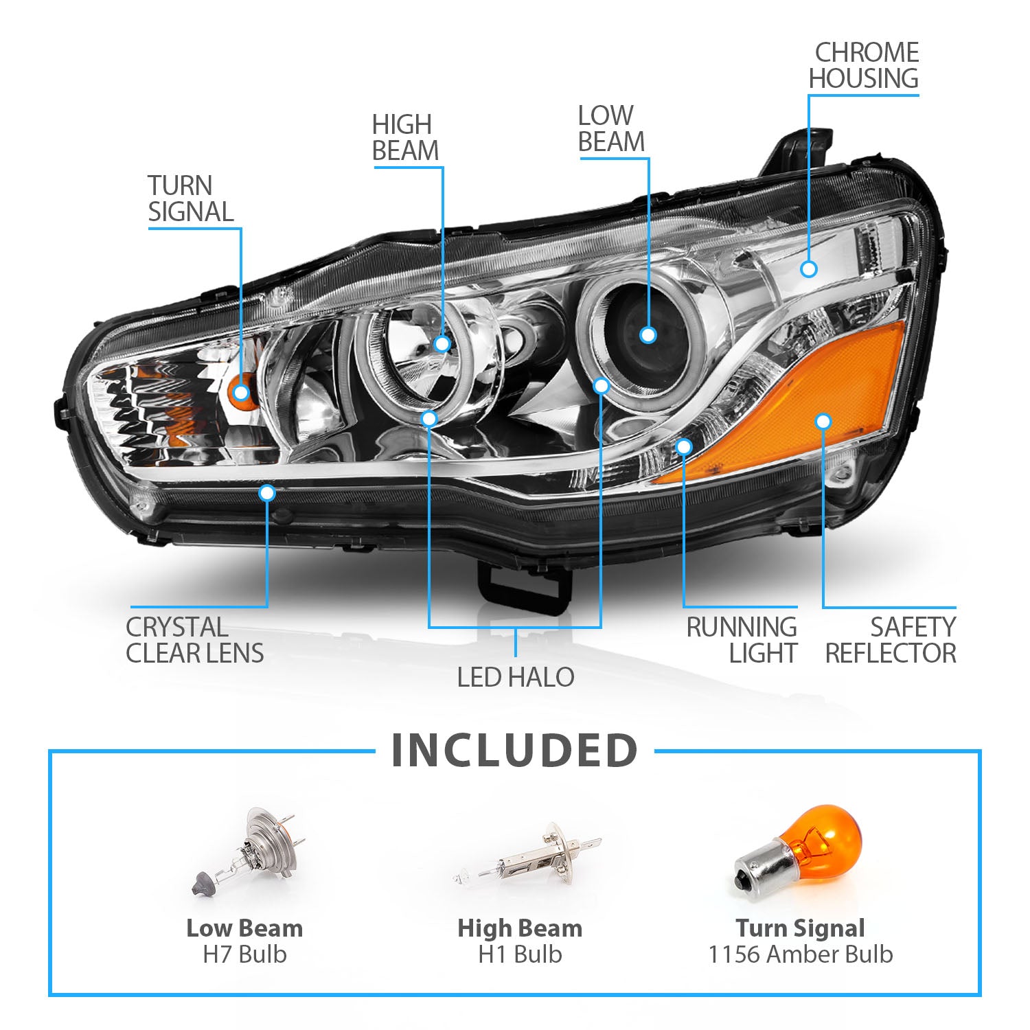 MITSUBISHI LANCER 08-15 PROJECTOR HEADLIGHTS HALO CHROME CLEAR AMBER (RX HALO)