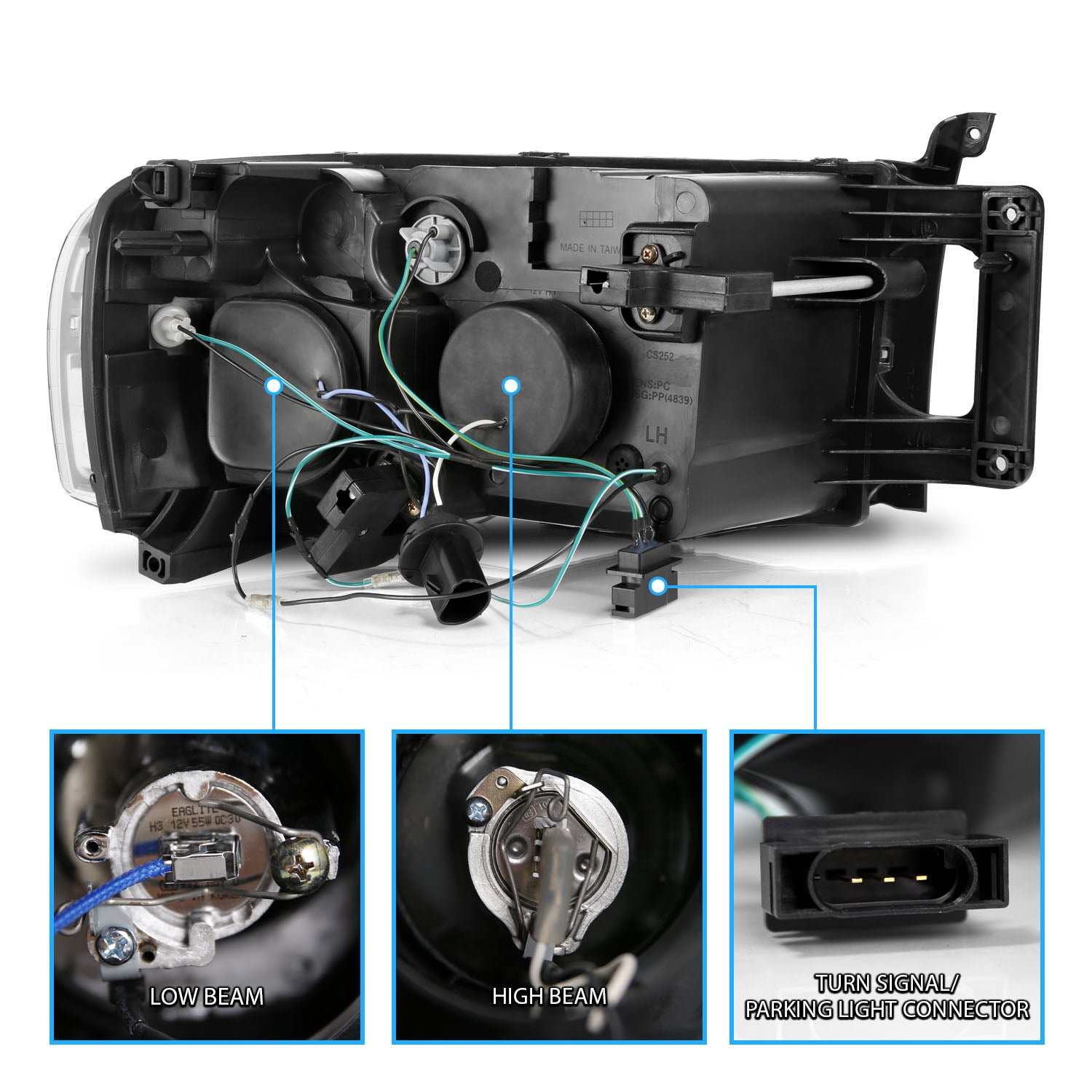 DODGE RAM 1500 02-05 - 2500/3500 03-05 PROJECTOR H.L WHITE PLUS LED HALO BLACK CLEAR AMBER