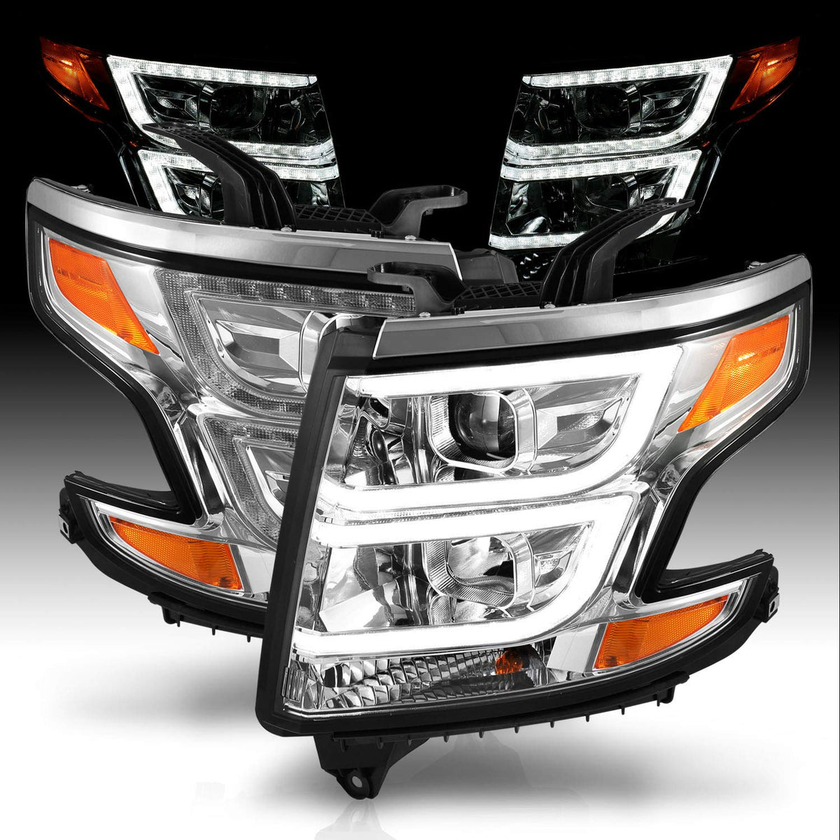 CHEVY TAHOE/SUBURBAN 15-19 PROJECTOR LIGHT BAR STYLE HEADLIGHTS CHROME AMBER (W/ DRL)