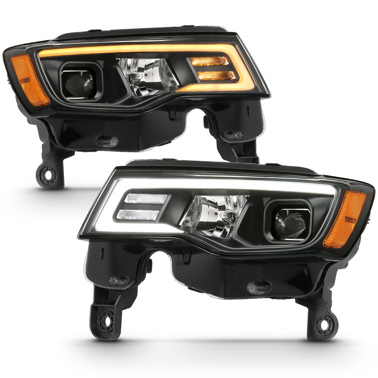 JEEP GRAND CHEROKEE 17-18 PROJECTOR LIGHT BAR STYLE SWITCHBACK HEADLIGHTS BLACK AMBER