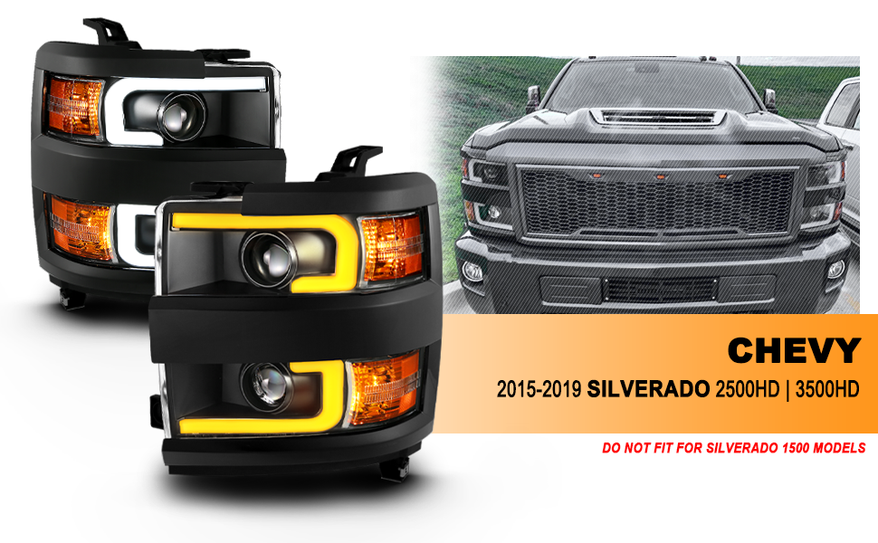 CHEVY SILVERADO 2500HD3500HD 15-17 PROJECTOR LIGHT BAR STYLE SWITCHBACK HEADLIGHTS BLACK AMBER (BLACK RIM)