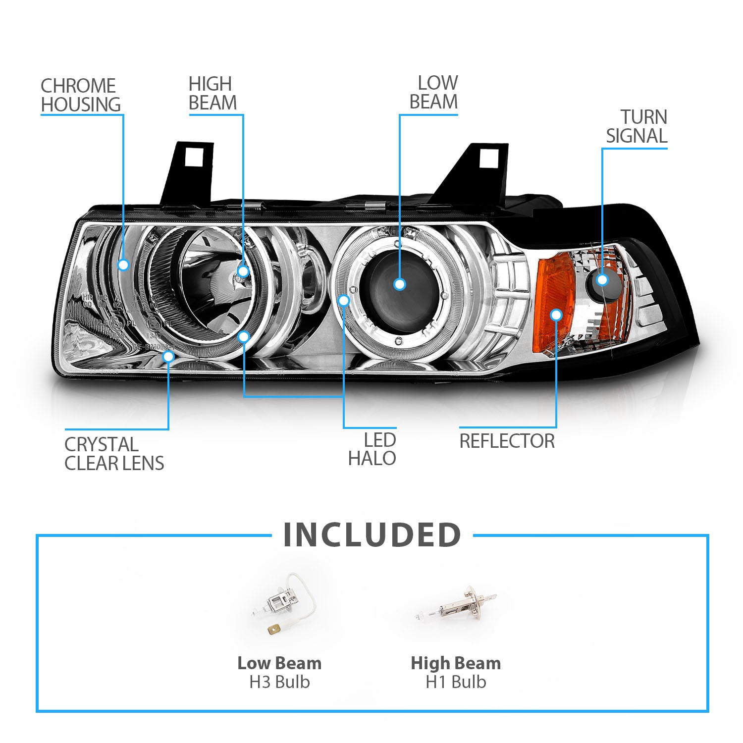 BMW 3 SERIES E36 92-98 4DR 1PC PROJECTOR HEADLIGHTS G2 HALO CHROME CLEAR AMBER