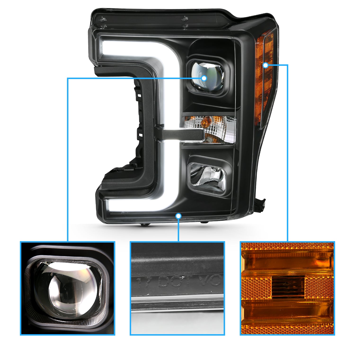 FORD F-250/F350/F450 17 UP PROJECTOR LIGHT BAR STYLE HEADLIGHTS BLACK AMBER