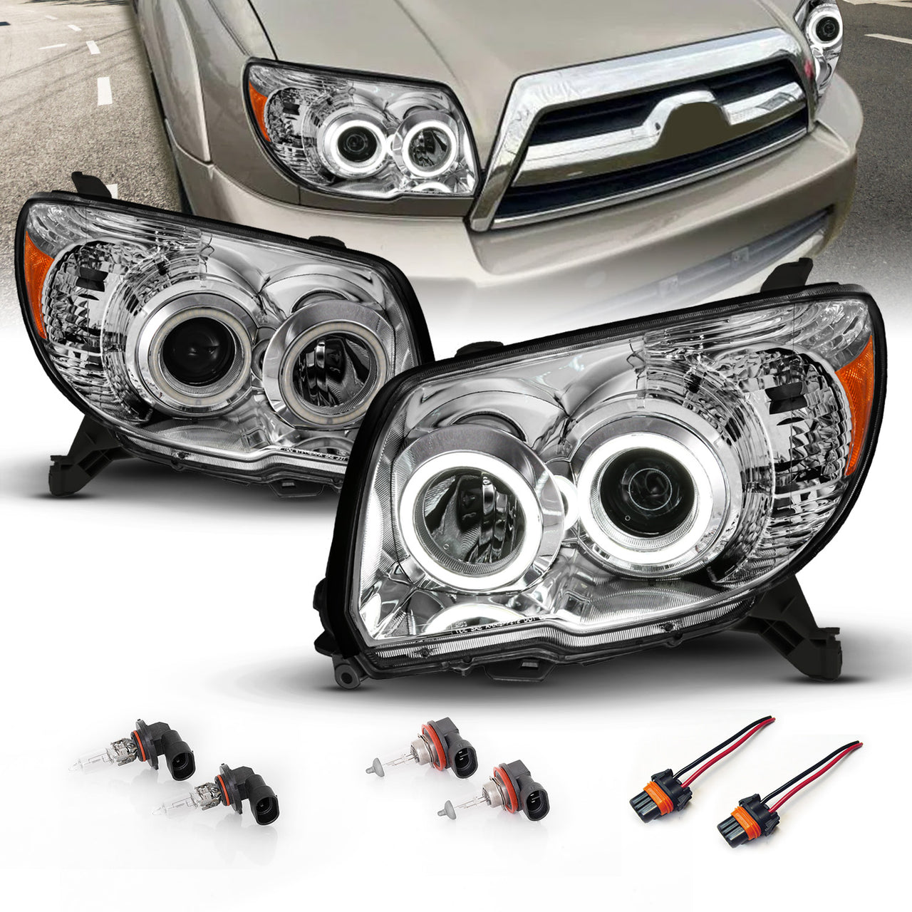 TOYOTA 4 RUNNER 06-09 PROJECTOR HEADLIGHTS CHROME CLEAR (RX HALO) AMBER