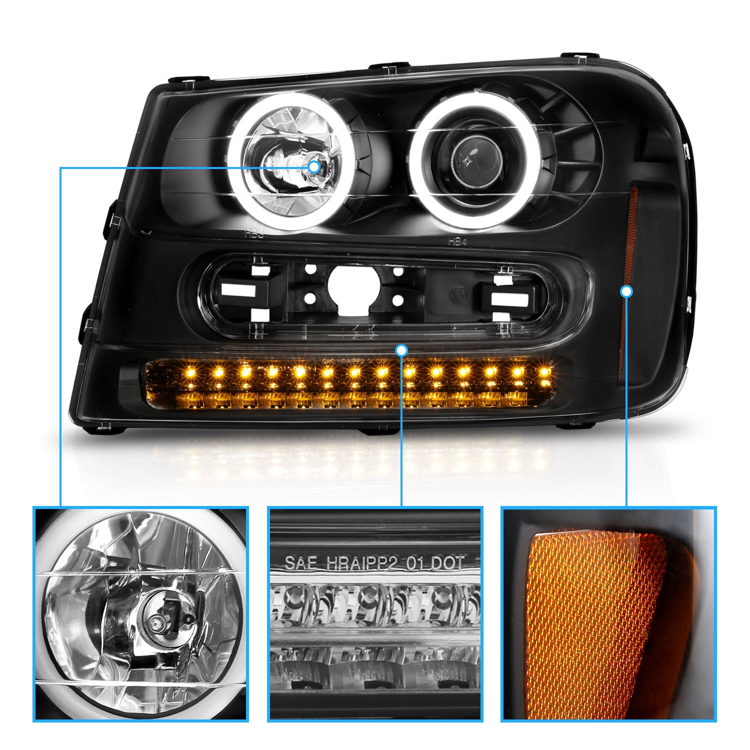 CHEVY TRAILBLAZER 02-05 PROJECTOR HEADLIGHTS HALO BLACK CLEAR AMBER (RX HALO)