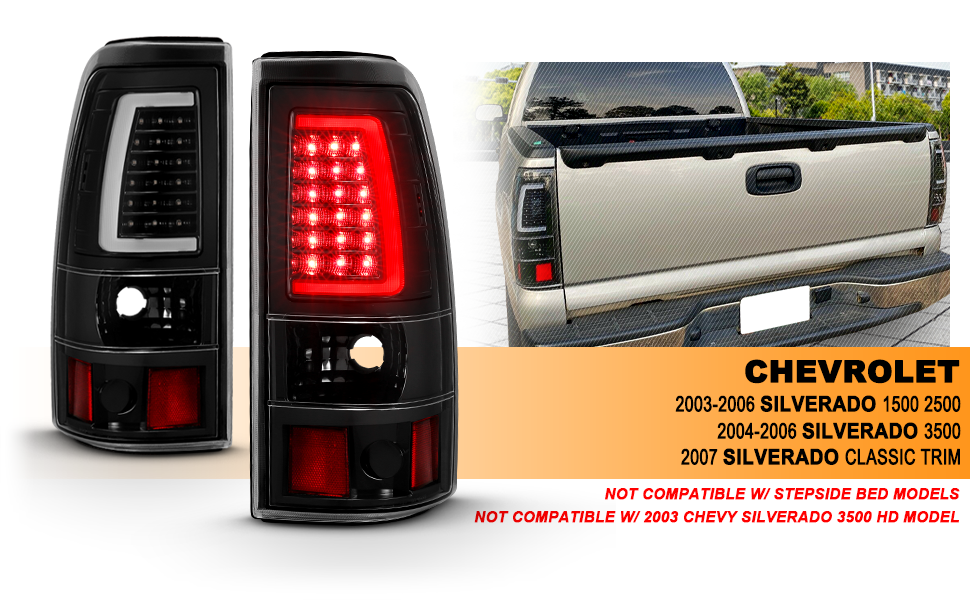 CHEVY SILVERADO 03-07 (1500/2500 SERIES 2003 & 1500/2500/3500 SRW SERIES LED TAIL LIGHTS BLACK HOUSING CLEAR LENS W/ C LIGHT BAR (3 HOLE)
