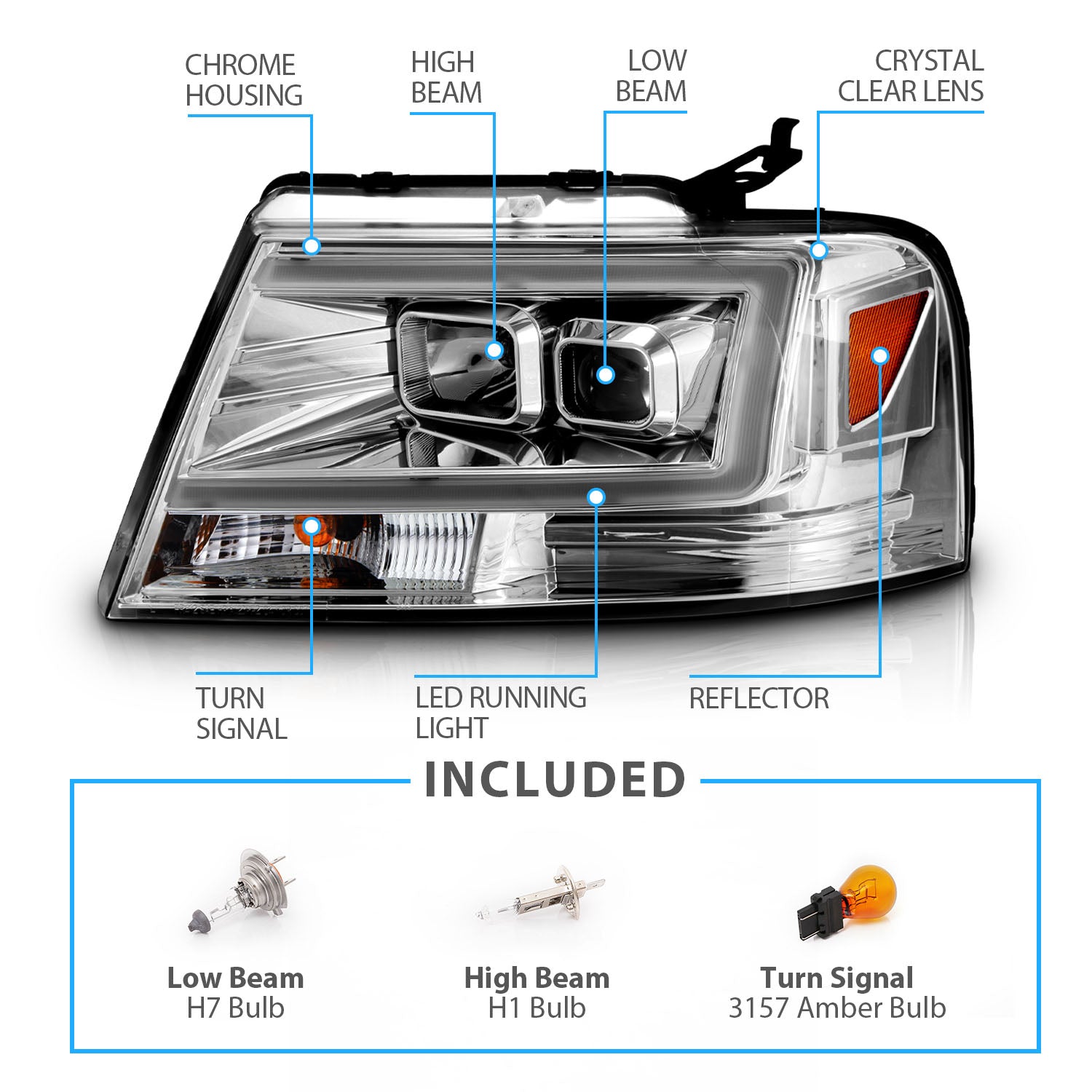 FORD F150 04-08/ LINCOLN MARK LT 06-07 PROJECTOR HEADLIGHTS CHROME AMBER(C LIGHTS BAR)